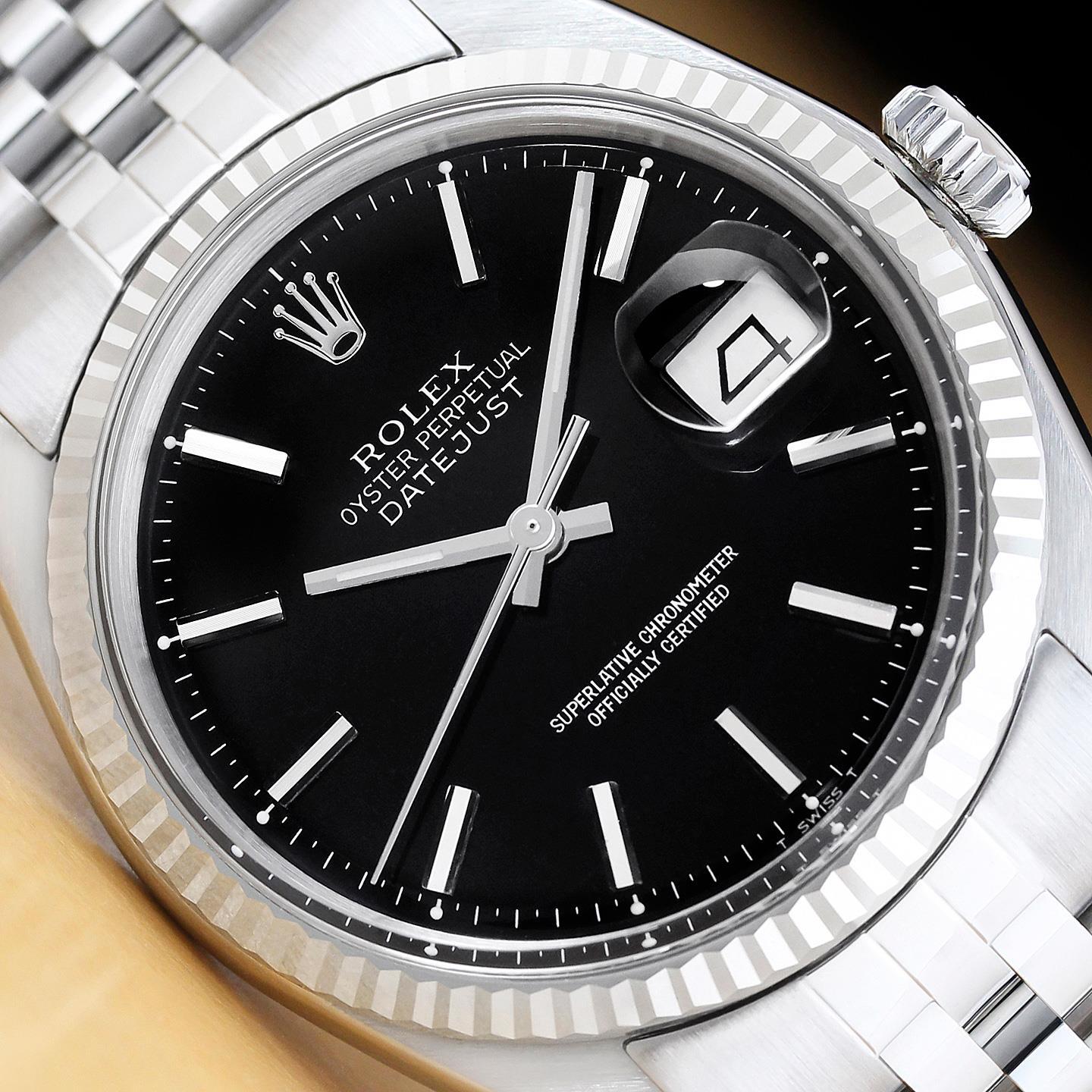 ROLEX MENS DATEJUST 1601 BLACK DIAL 18K WHITE GOLD STAINLESS STEEL JUBILEE WATCH