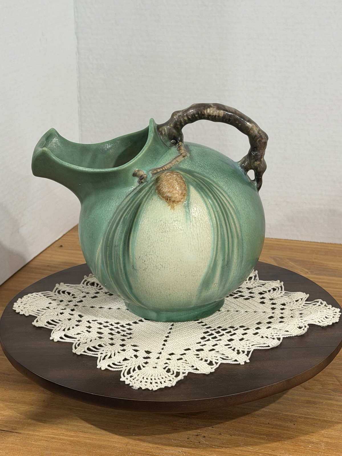 Roseville Pottery Green Pinecone Ice Lip Pitcher Roseville Pottery Green Pinecone Ice Lip Pitcher