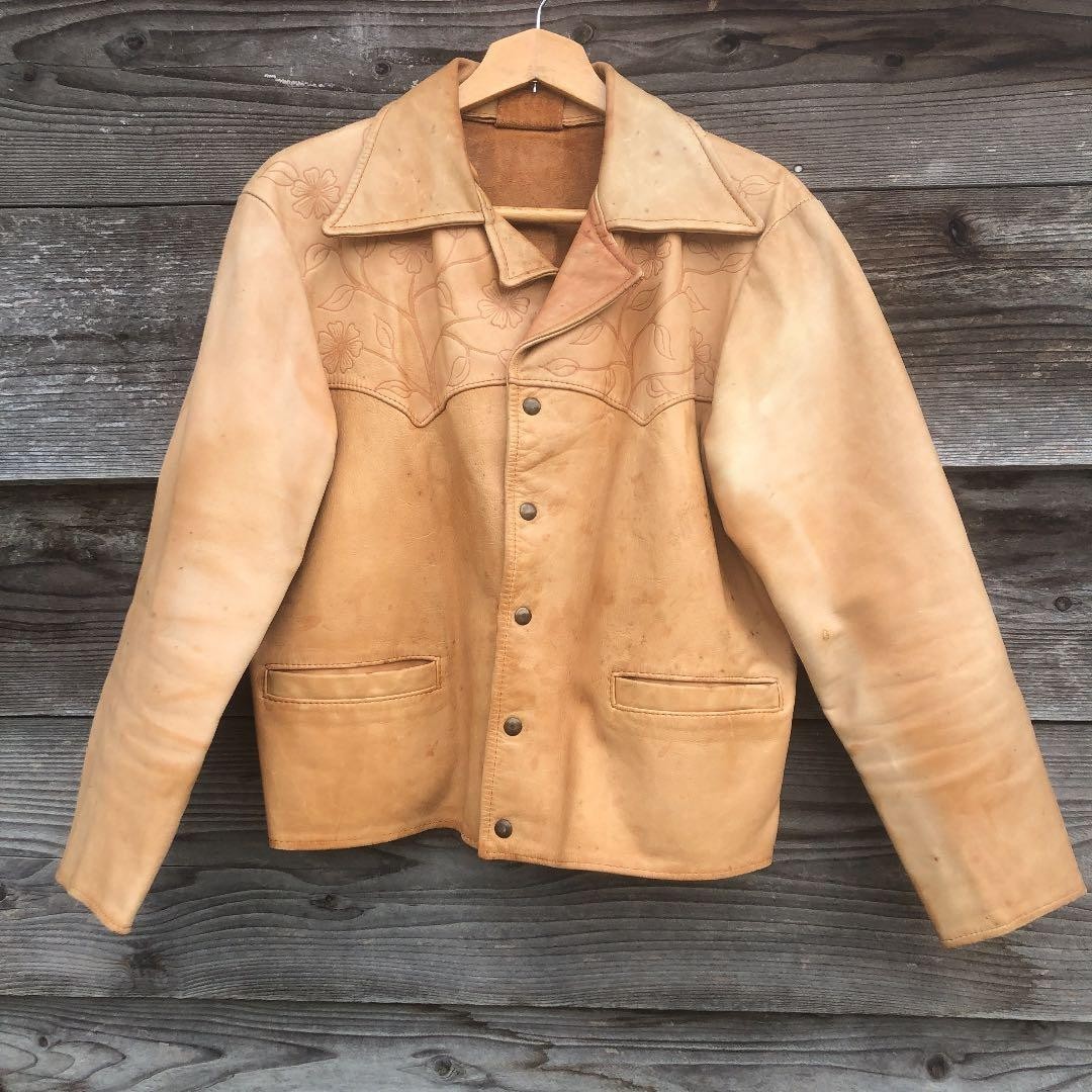 Vintage Leather Jacket East West North Beach Gandalf Carolina L Orange Beige