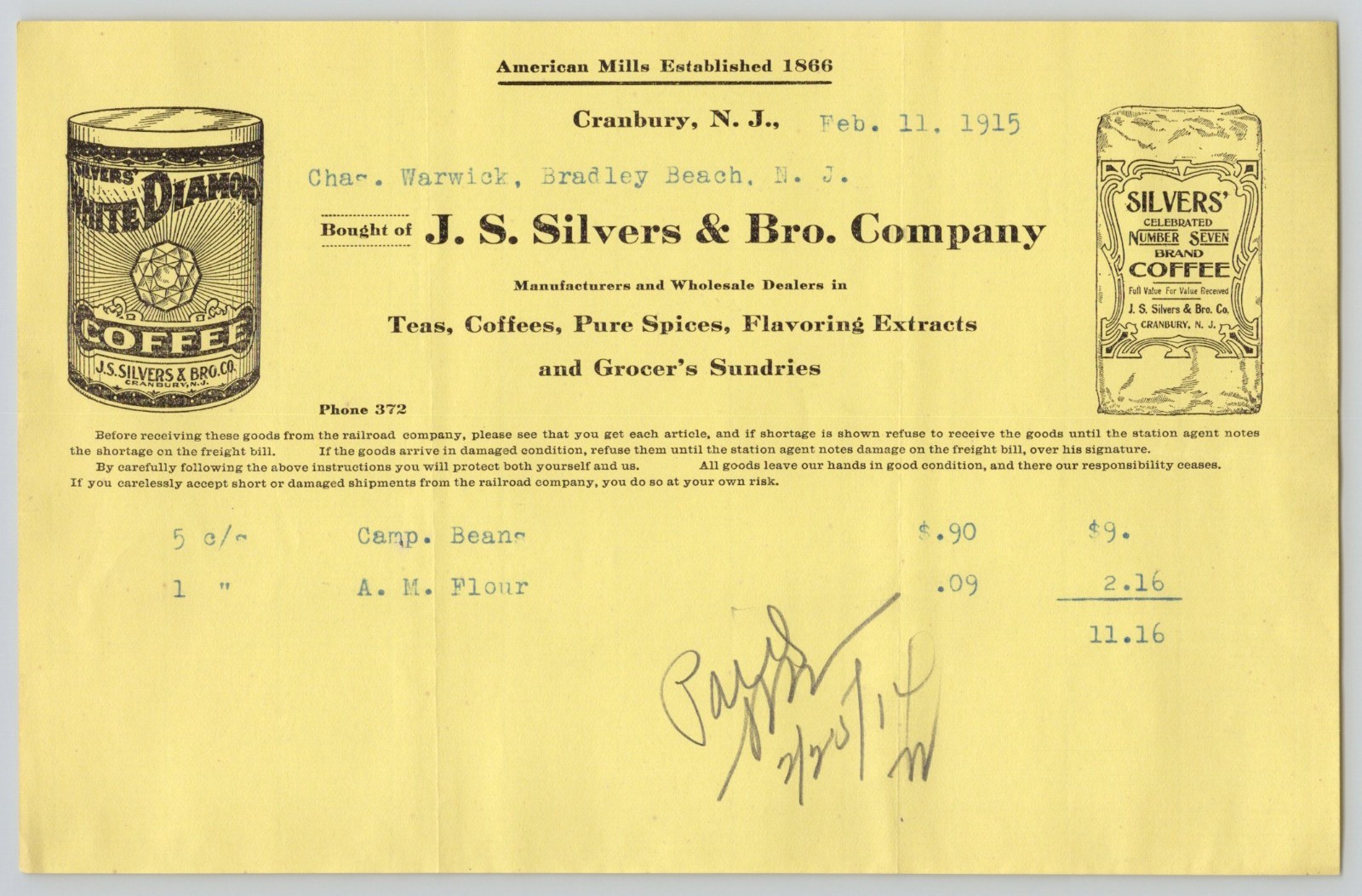 1915 J S Silvers & Bro Co Tea Coffee Spices Flavoring Cranbury NJ Billhead 5.5\