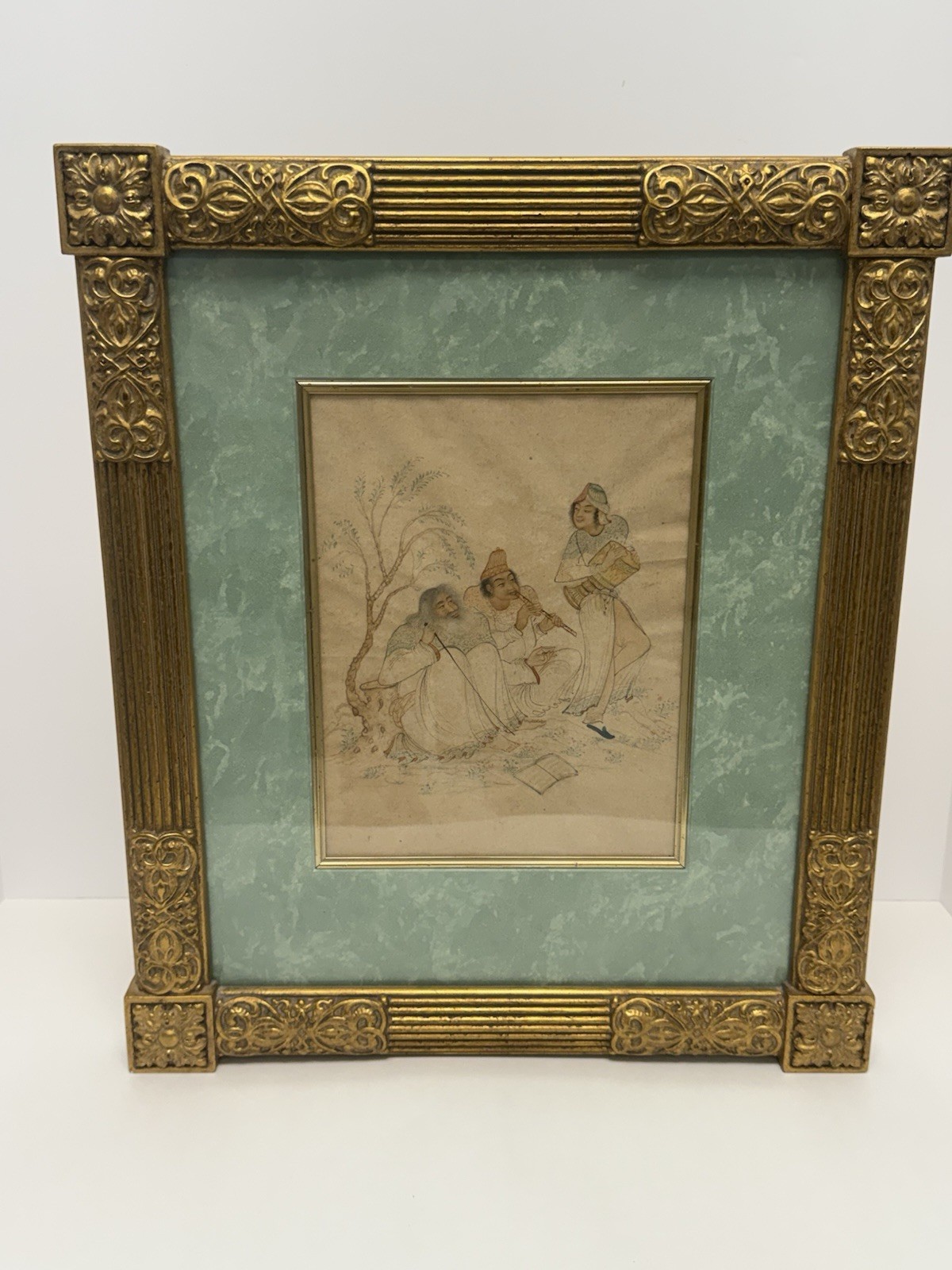 Vintage Persian Miniature Painting Framed Artwork Musician Scene Gold Frame
