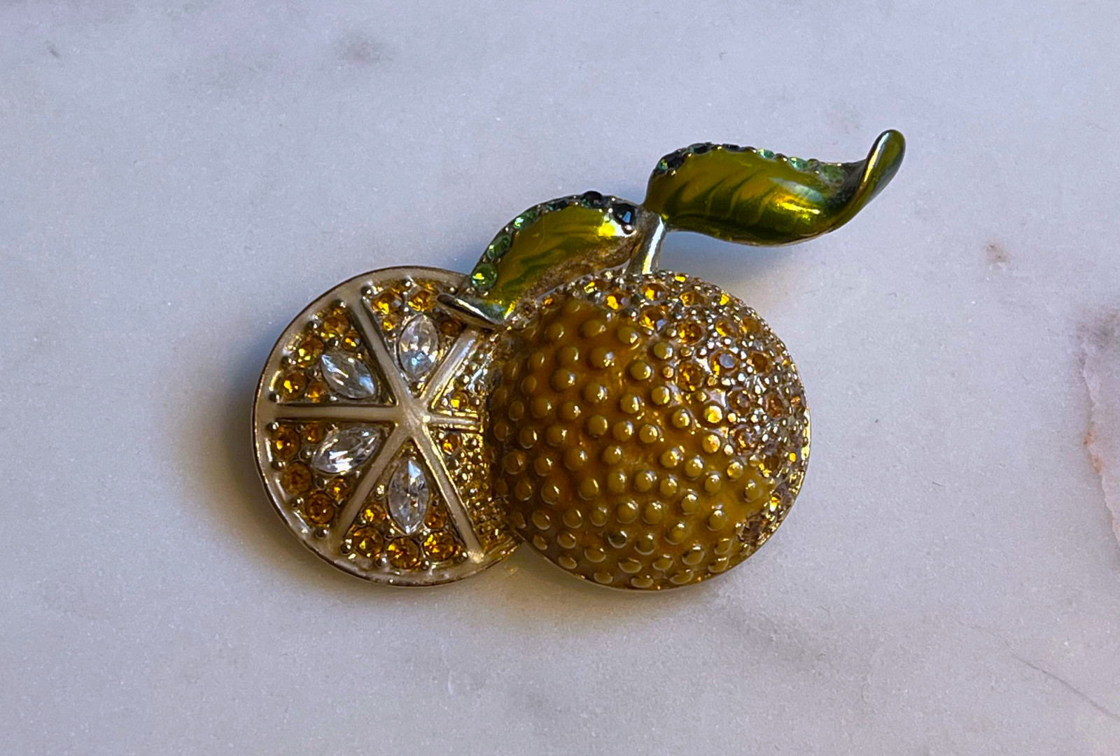 Vintage MONET Sliced Orange Enamel & Rhinestone Brooch Pin