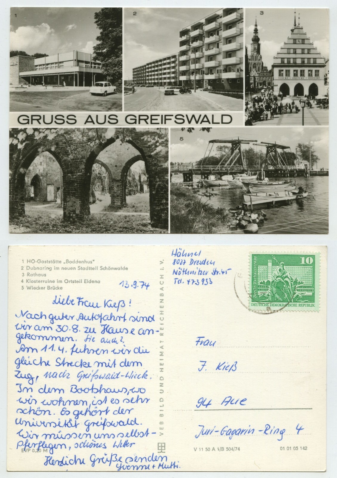 106105 - greeting from Greifswald - real photo - postcard, expired 13.9.1974