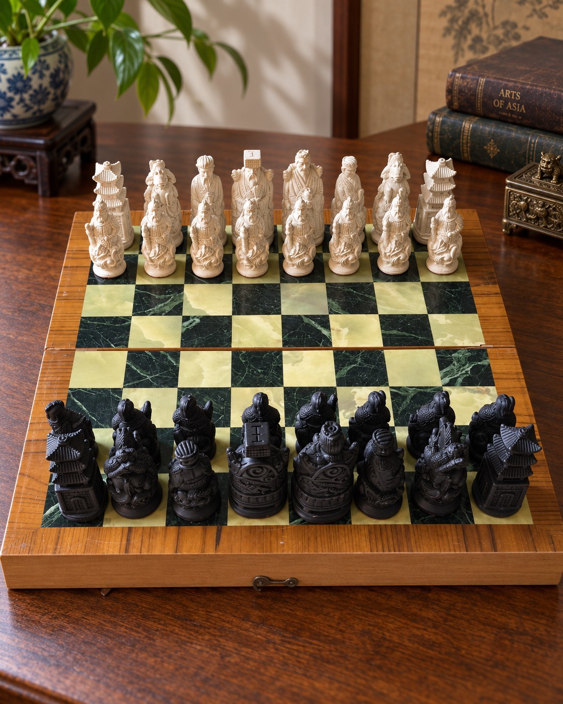 VTG Chinese Asian Figural Chess Set 32pc Stone Resin Marble Board 16in