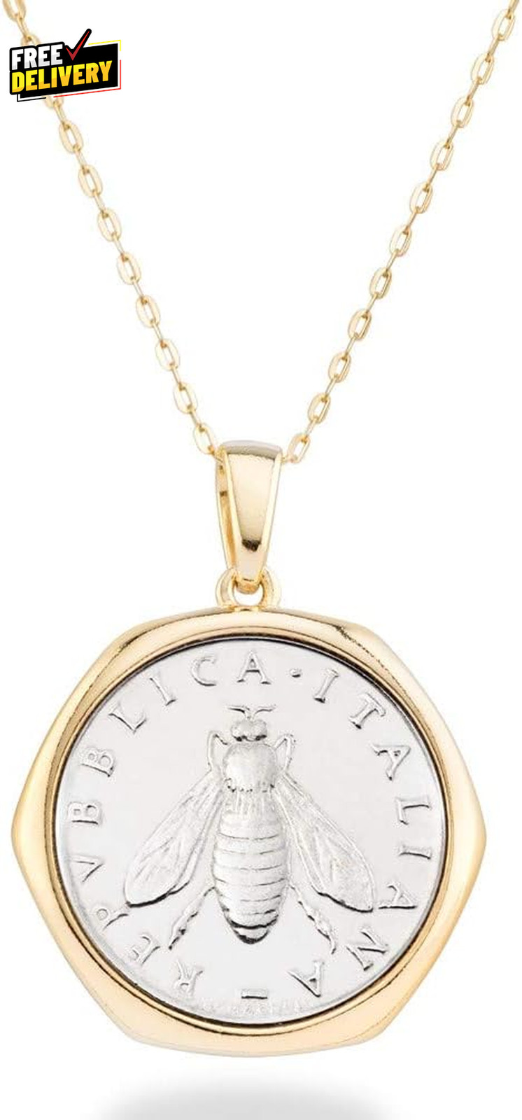 Italian 18K Gold over 925 Sterling Silver Genuine 2 Lira Bee Coin Medallion P...