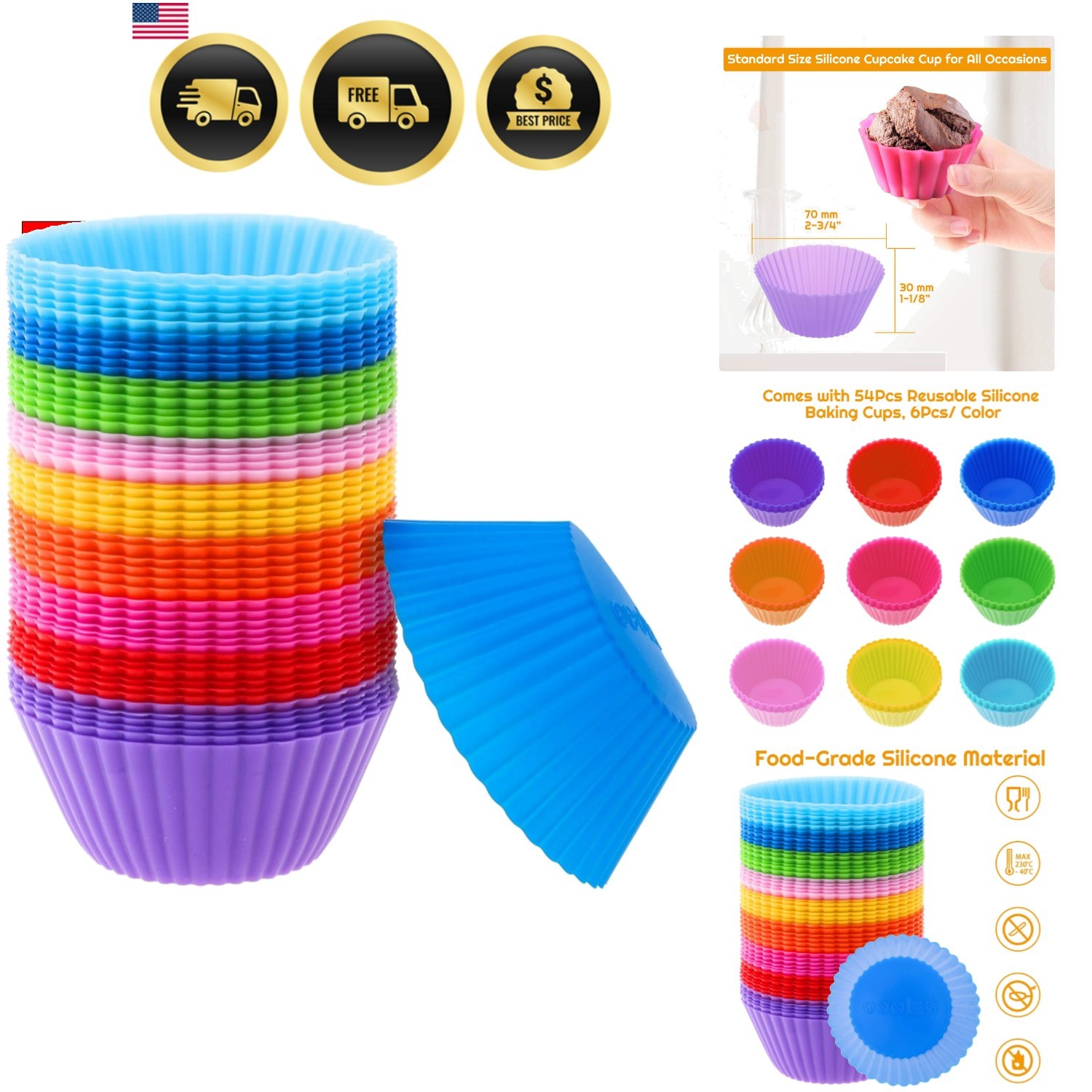 54 Pack Silicone Muffin Cups, Silicone Cupcake Baking Cups Reusable Muffin Li... 54 Pack Silicone Muffin Cups, Silicone Cupcake Baking Cups Reusable Muffin Li...