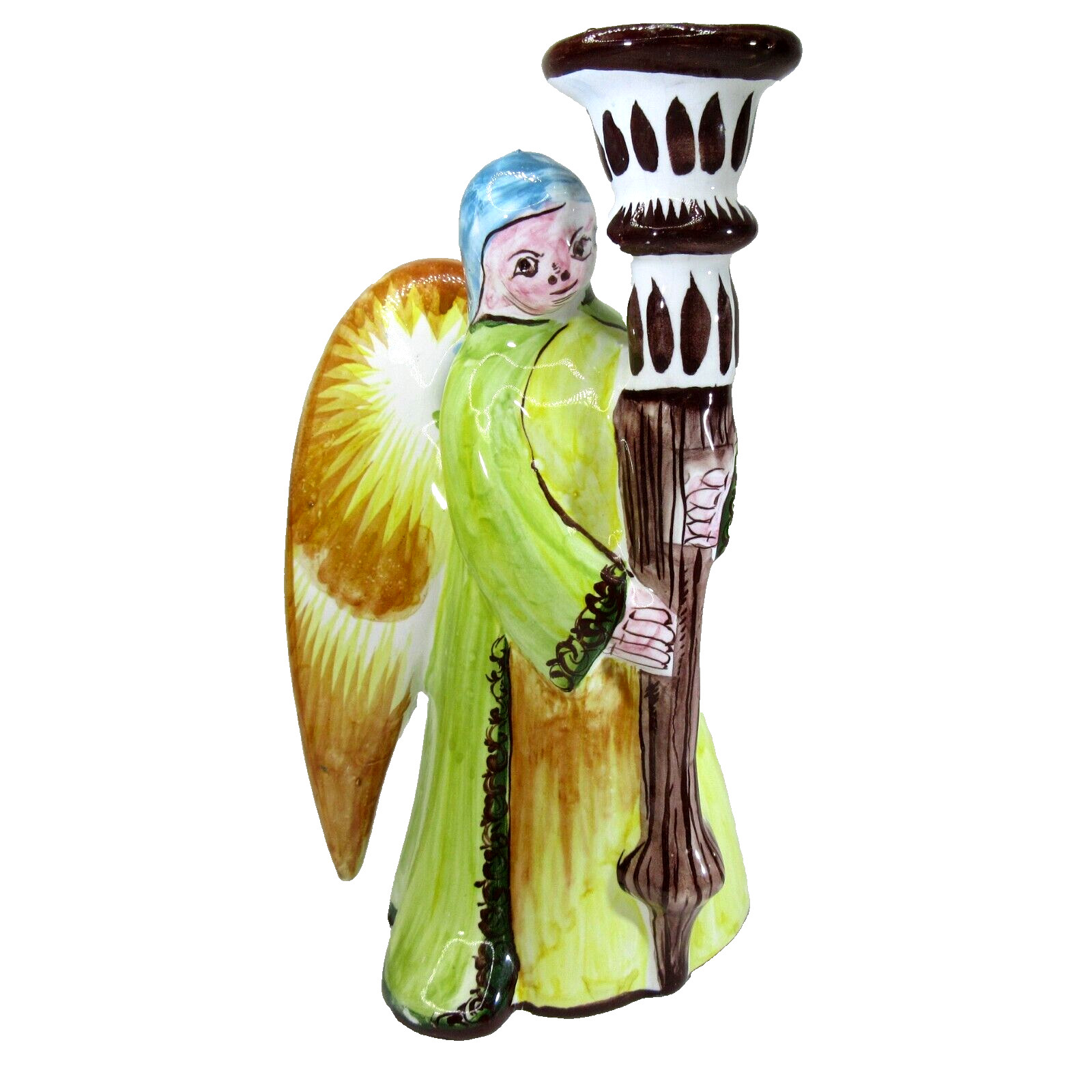 Vintage folk art ceramic ANGEL Candle Holder HAND PAINTED 9.5\