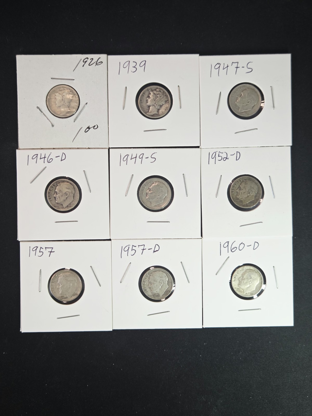 9 Coin 90% Silver Dime Lot 1926 1939 Mercury Roosevelt 1946-D 1949-S 1952-D