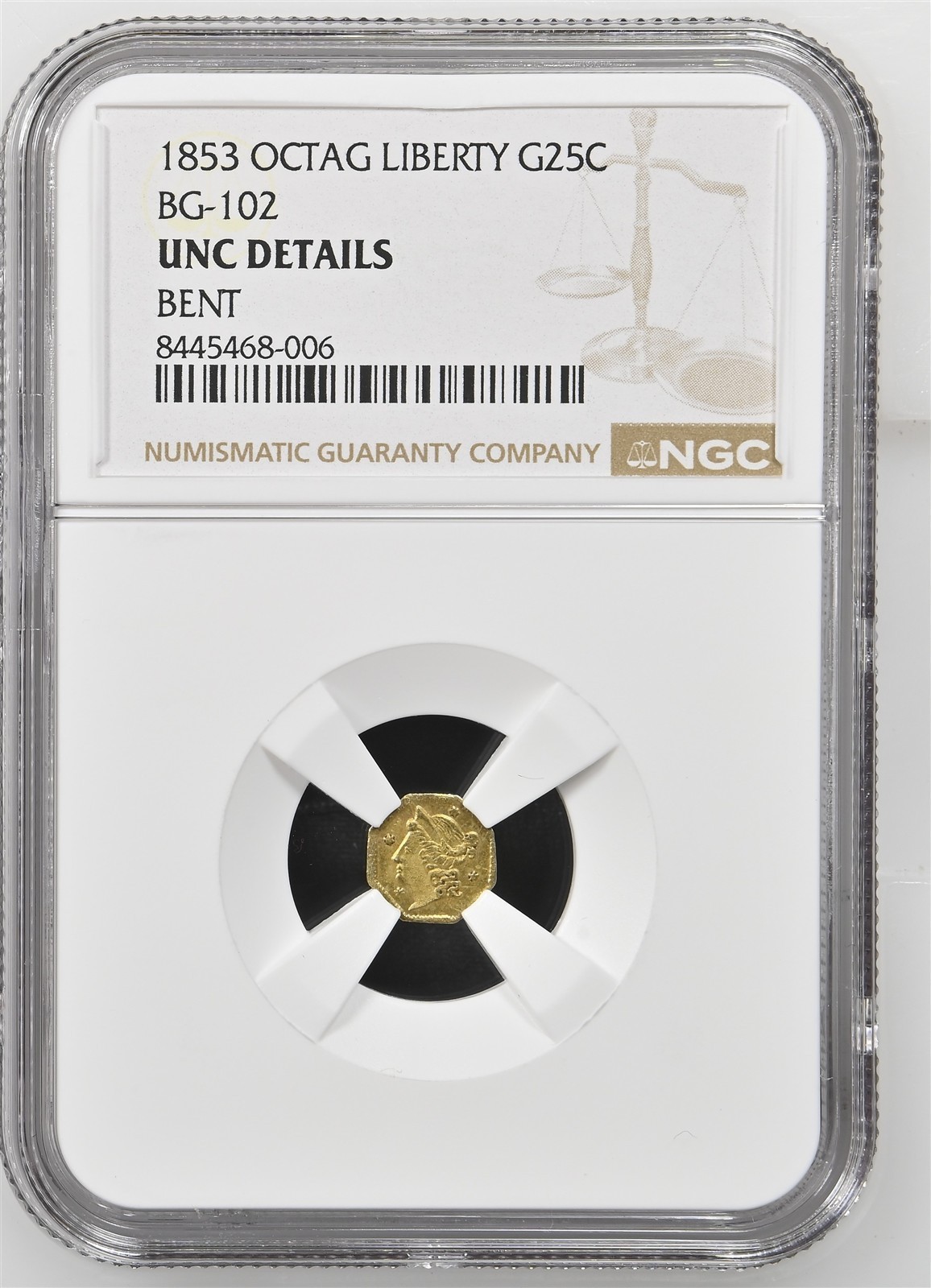 1853 G25C California Fractional Gold / BG-102 NGC UNC / Better Period One