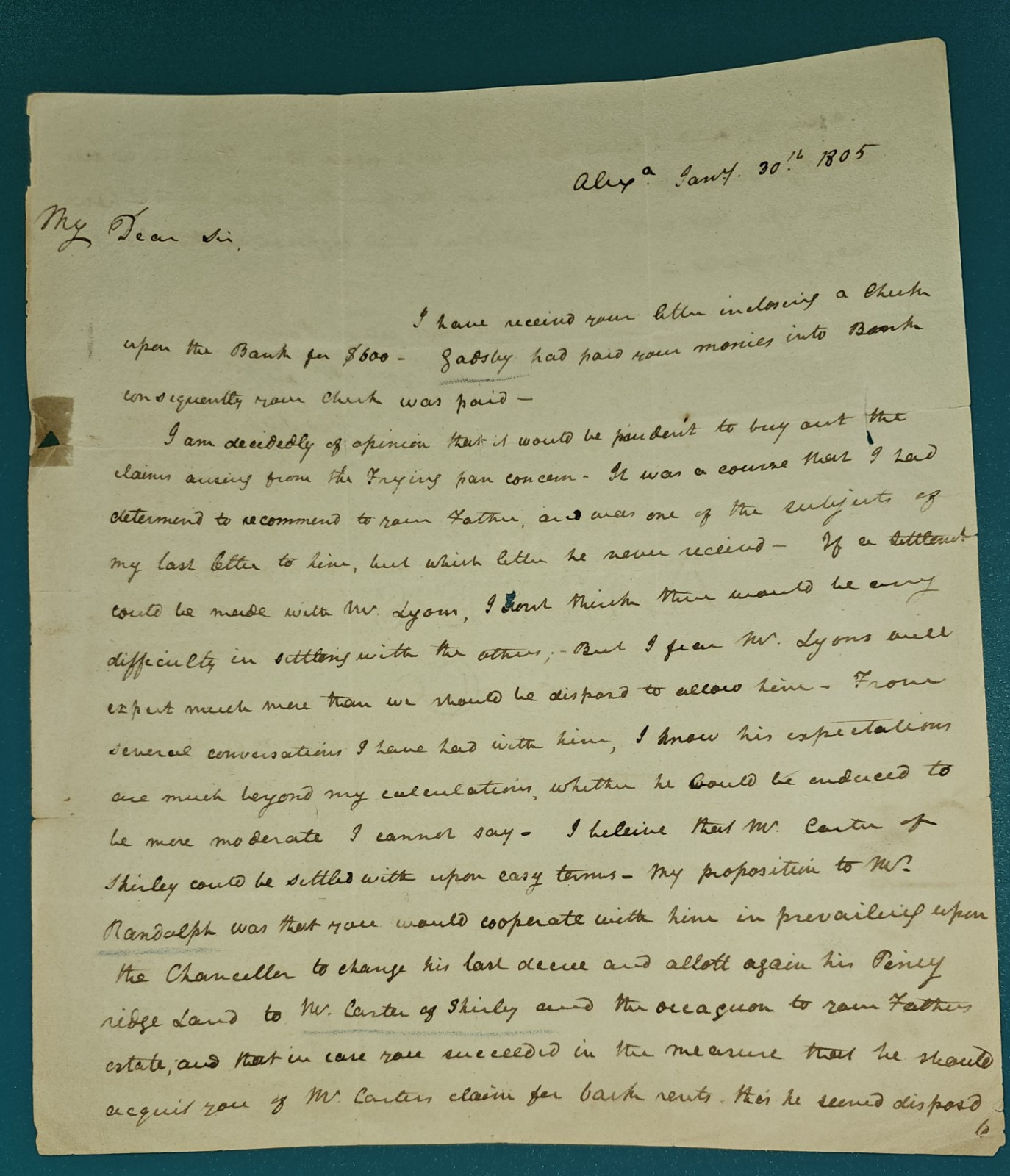 1805 Handwritten Letter by Thomas Swann Legal & Financial Affairs in Alexandria