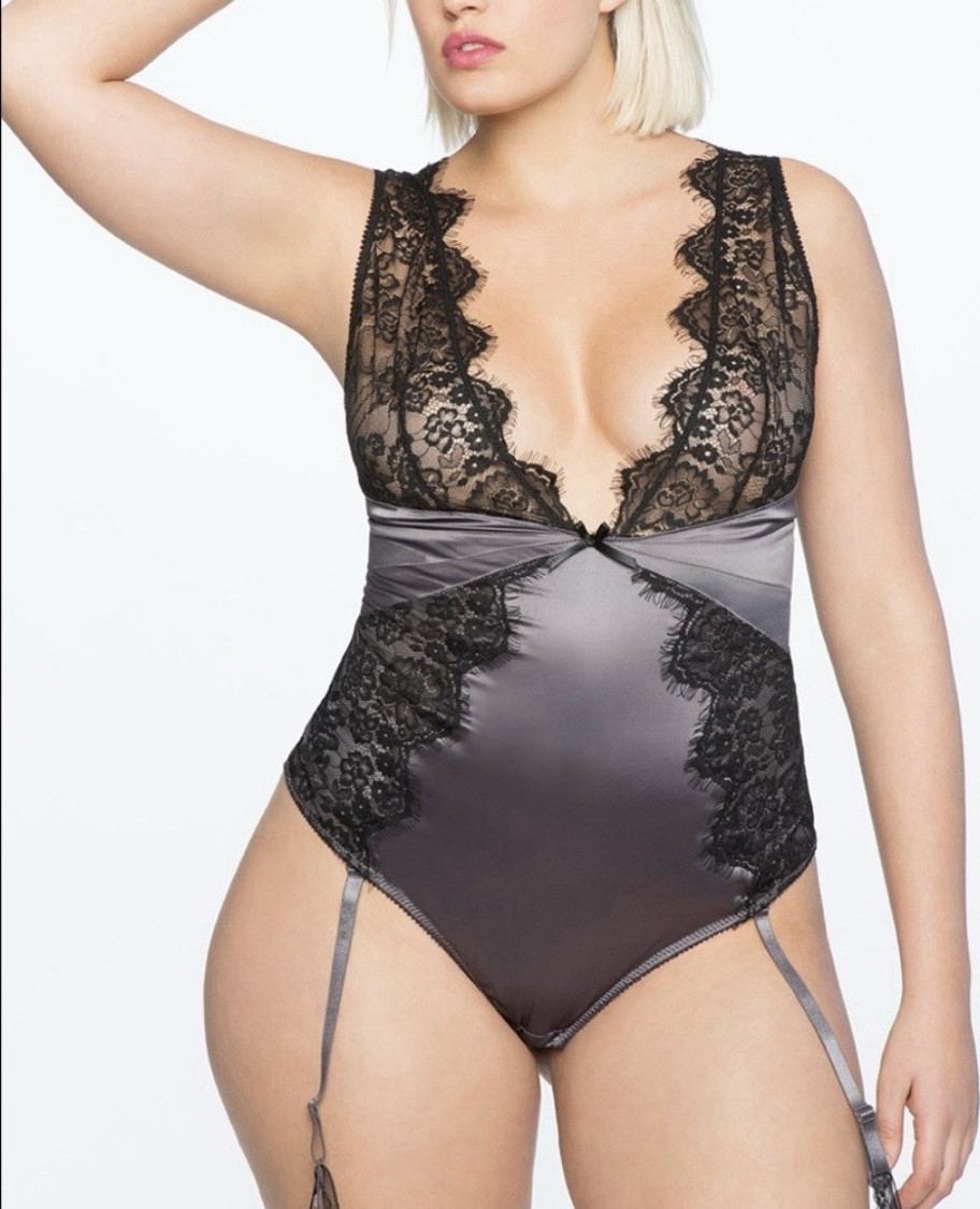 ELOQUII Lace Satin Bodysuit Teddy Adjustable Garter Straps Black/Gray 1X ELOQUII Lace Satin Bodysuit Teddy Adjustable Garter Straps Black/Gray 1X