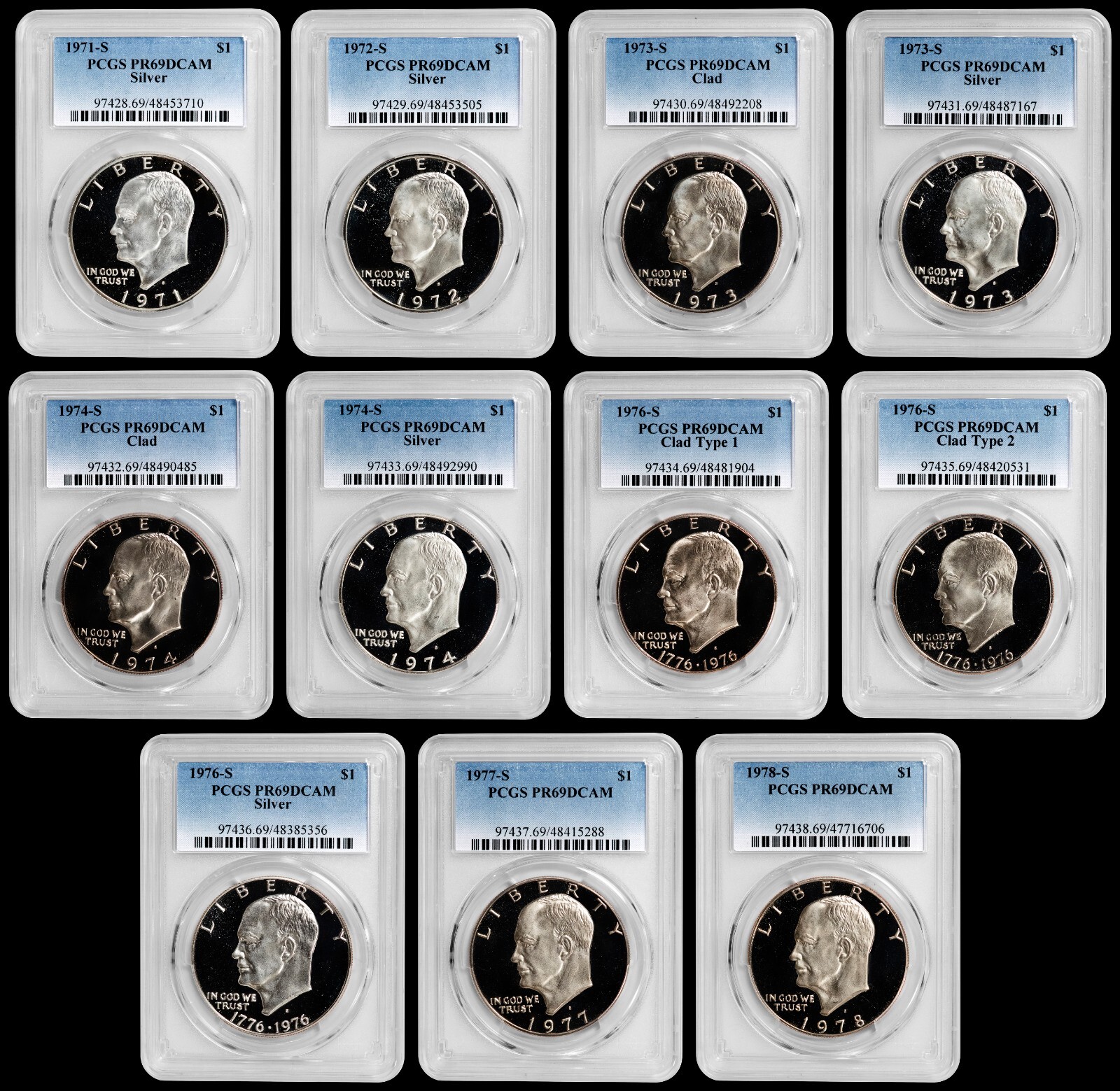 1971-1978 EISENHOWER (IKE) DOLLAR PCGS PR69DCAM - 11 COIN SET - GREAT QUALITY 