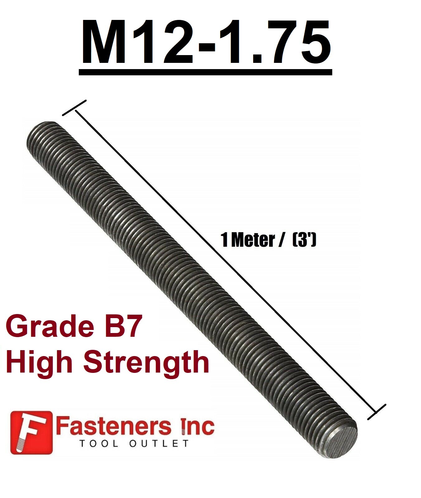 M12-1.75 X 1 METER (3\') B7 High Strength Hardened Threaded Rod All Thread Metric