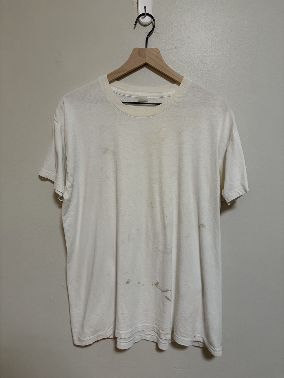 Vintage 1970s Paper Thin Burnout Thrashed Blank White Cotton Soft T Shirt Large