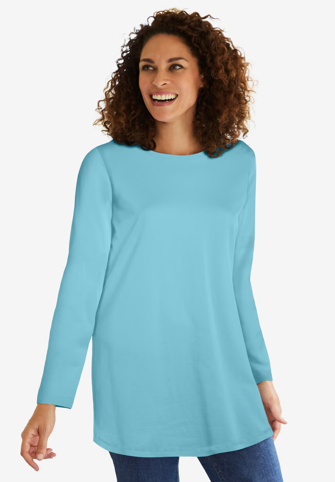 Woman Within Plus Size Perfect Long-Sleeve Crewneck Tunic - 42/44 Seamist Blue Woman Within Plus Size Perfect Long-Sleeve Crewneck Tunic - 42/44 Seamist Blue