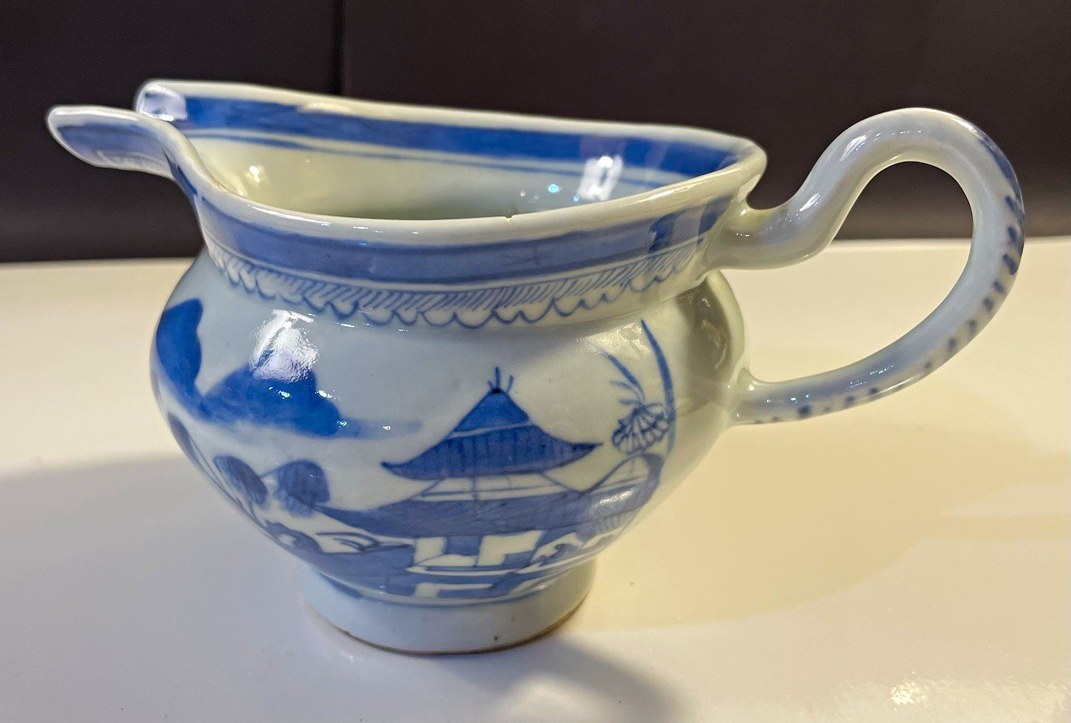 Antique 19thC Chinese Export Canton Blue & White Porcelain Helmet Creamer
