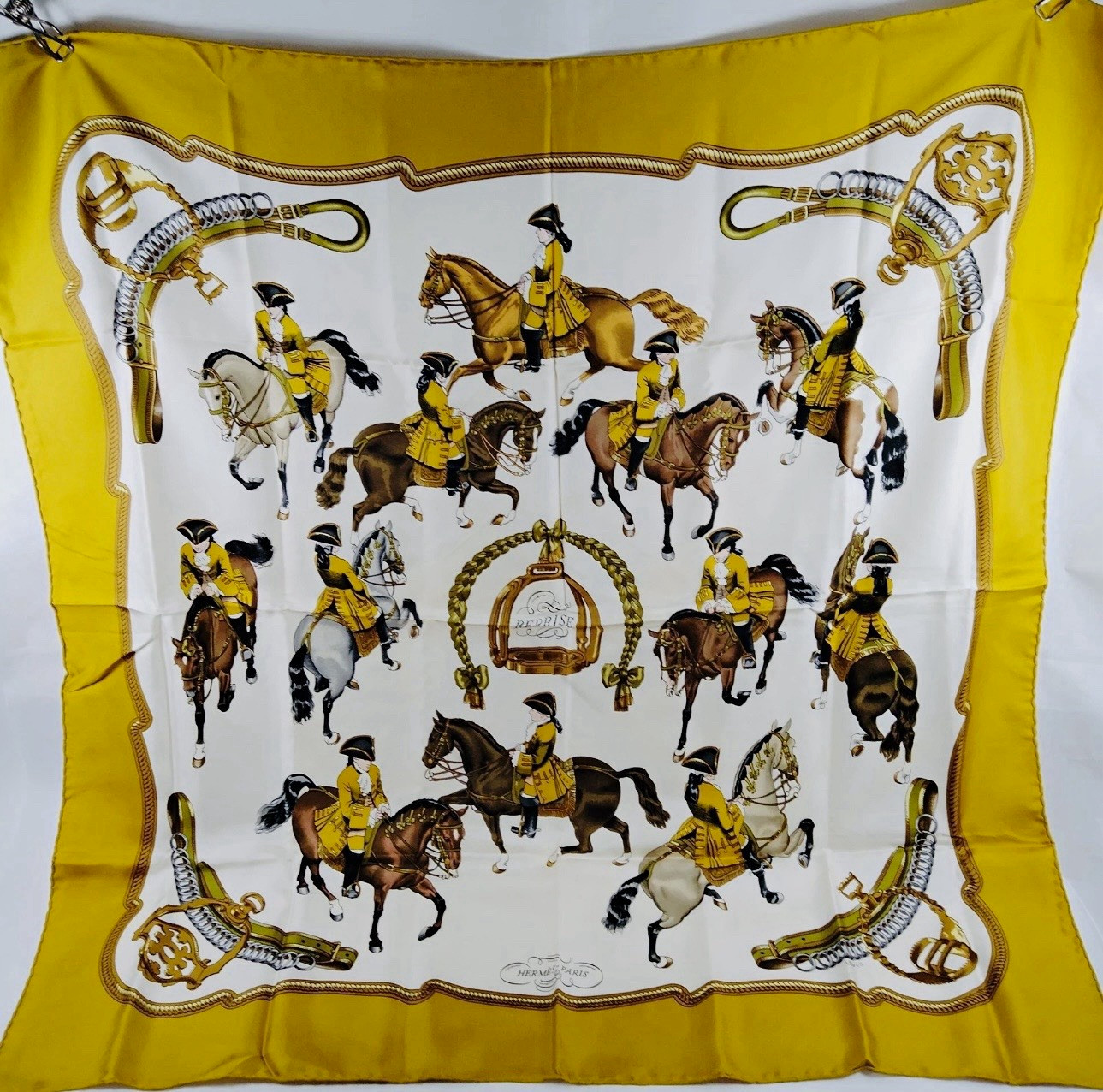 HERMÈS Silk Satin Square Scarf Yellow White Equestrian Horse Logo Accent