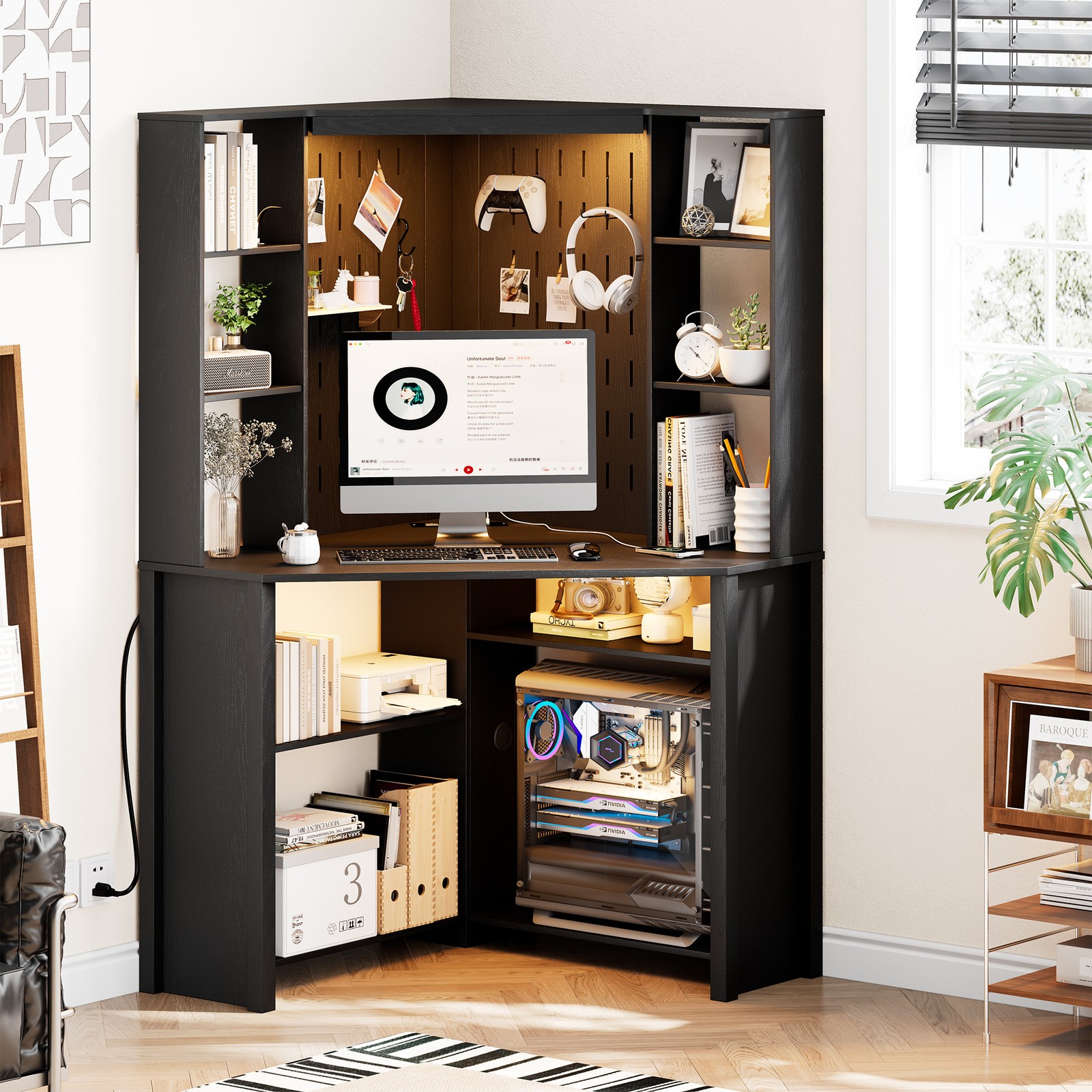 Home Office Desk with Pull-Out LED, Corner Desk with Power Outlet and 10 Shelves Home Office Desk with Pull-Out LED, Corner Desk with Power Outlet and 10 Shelves
