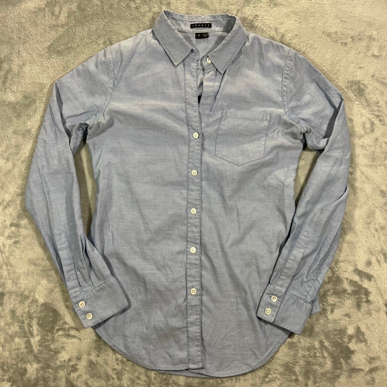 THEORY Nikala Button Up Shirt Womens Small Blue 100 Cotton Long Sleeve Classic