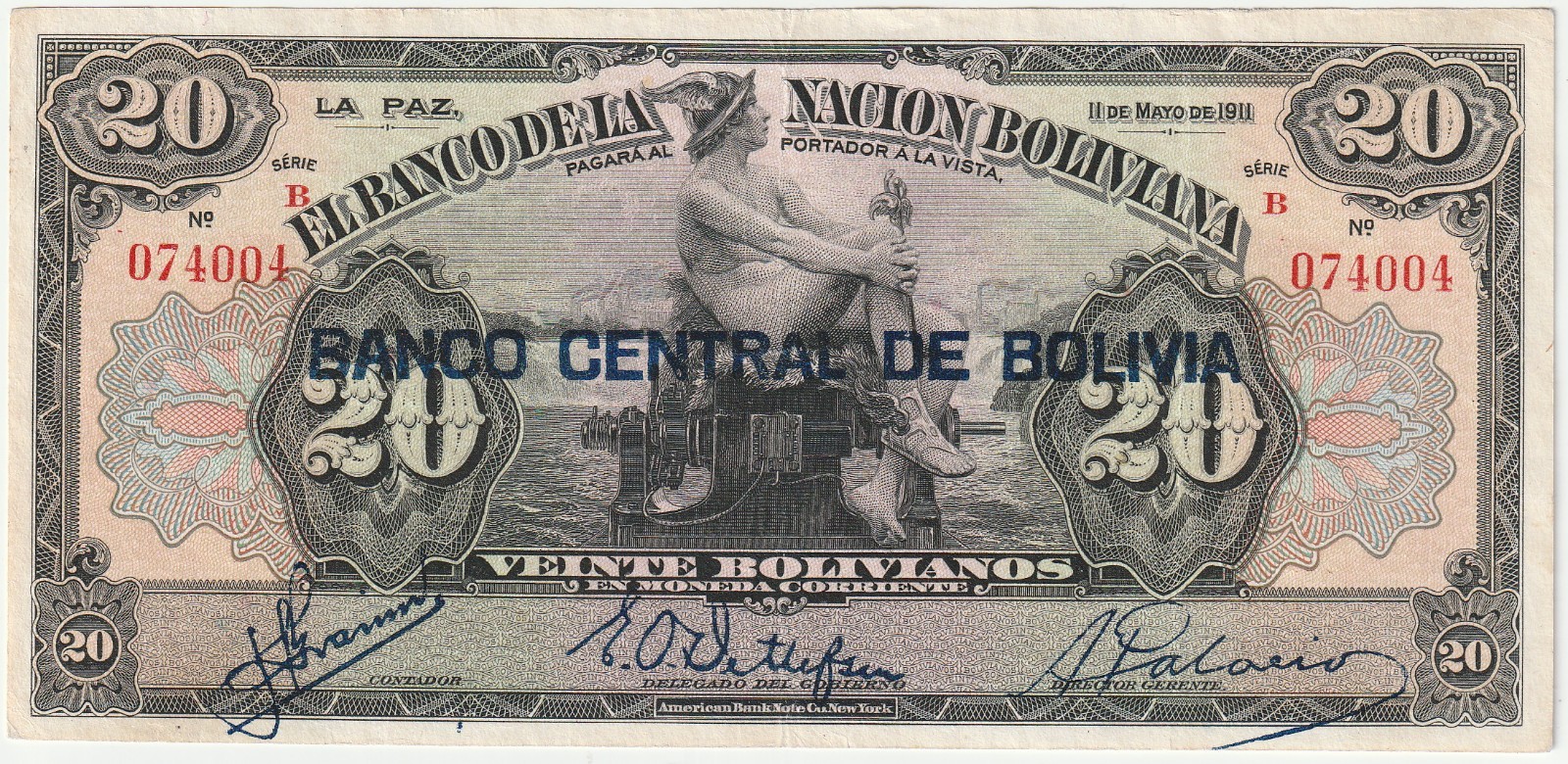 Bolivia 20 Bolivianos Banknote 1929 Overprint 1911 Extra Fine Condition Pick#115 Bolivia 20 Bolivianos Banknote 1929 Overprint 1911 Extra Fine Condition Pick#115