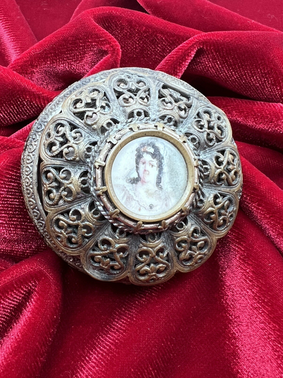 Antique French Miniature Portrait Ormolu Trinket Box Jewelry Box