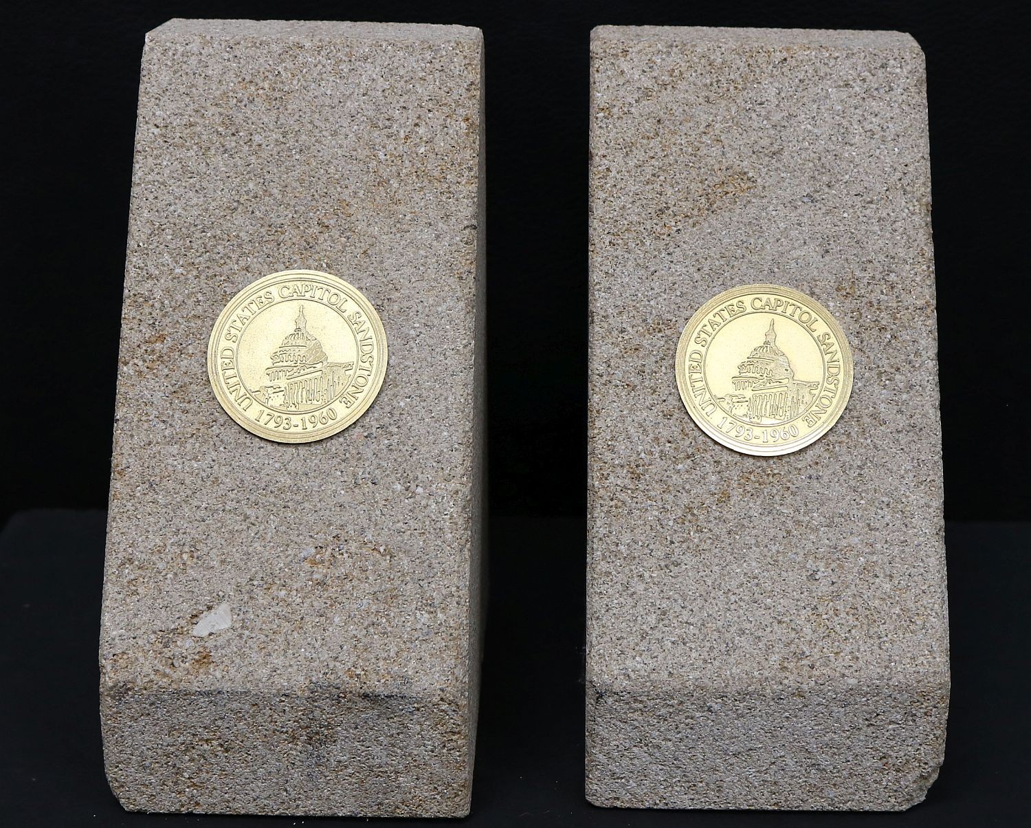 US Capitol Sandstone Bookend Pair 1793-1960 Gold Tone Medallion #2157-F