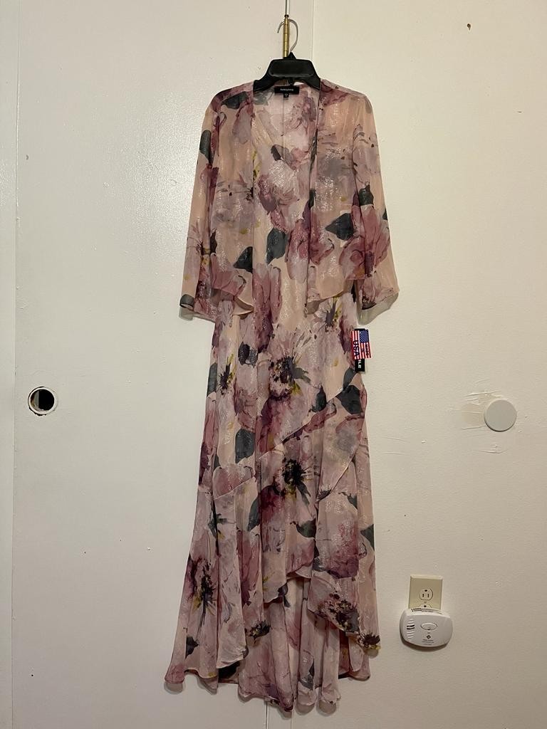 R&M Richards Floral Maxi Dress & Jacket Set Blush Pink Purple 2 piece.