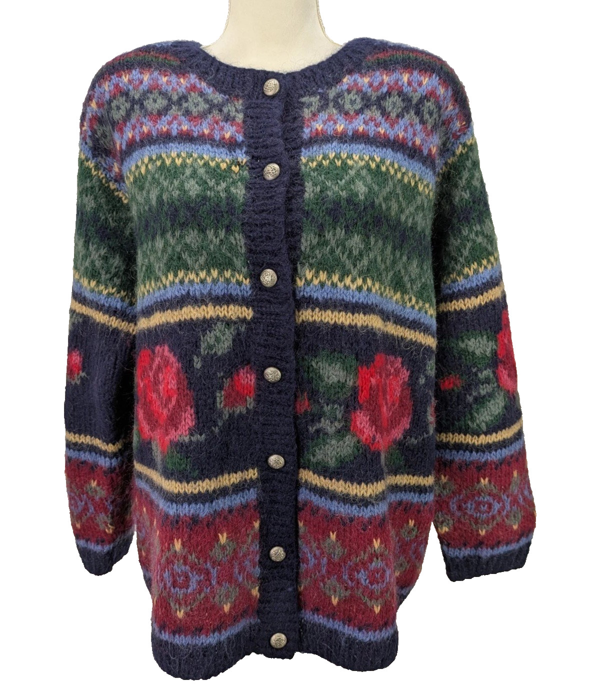 Vintage Deane & White Women’s L Mohair Cardigan Sweater Rose Floral Fair Isle