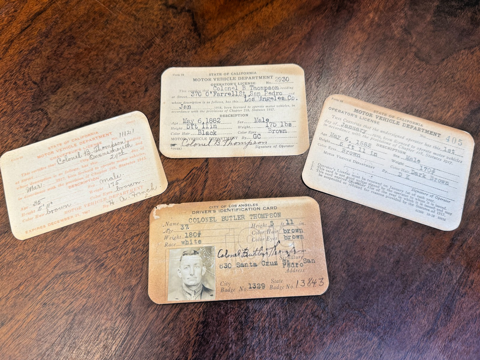 Antique CALIFORNIA DRIVER'S LICENSE SET 1917, 1918 & 1919 + LOS ANGELES PHOTO ID