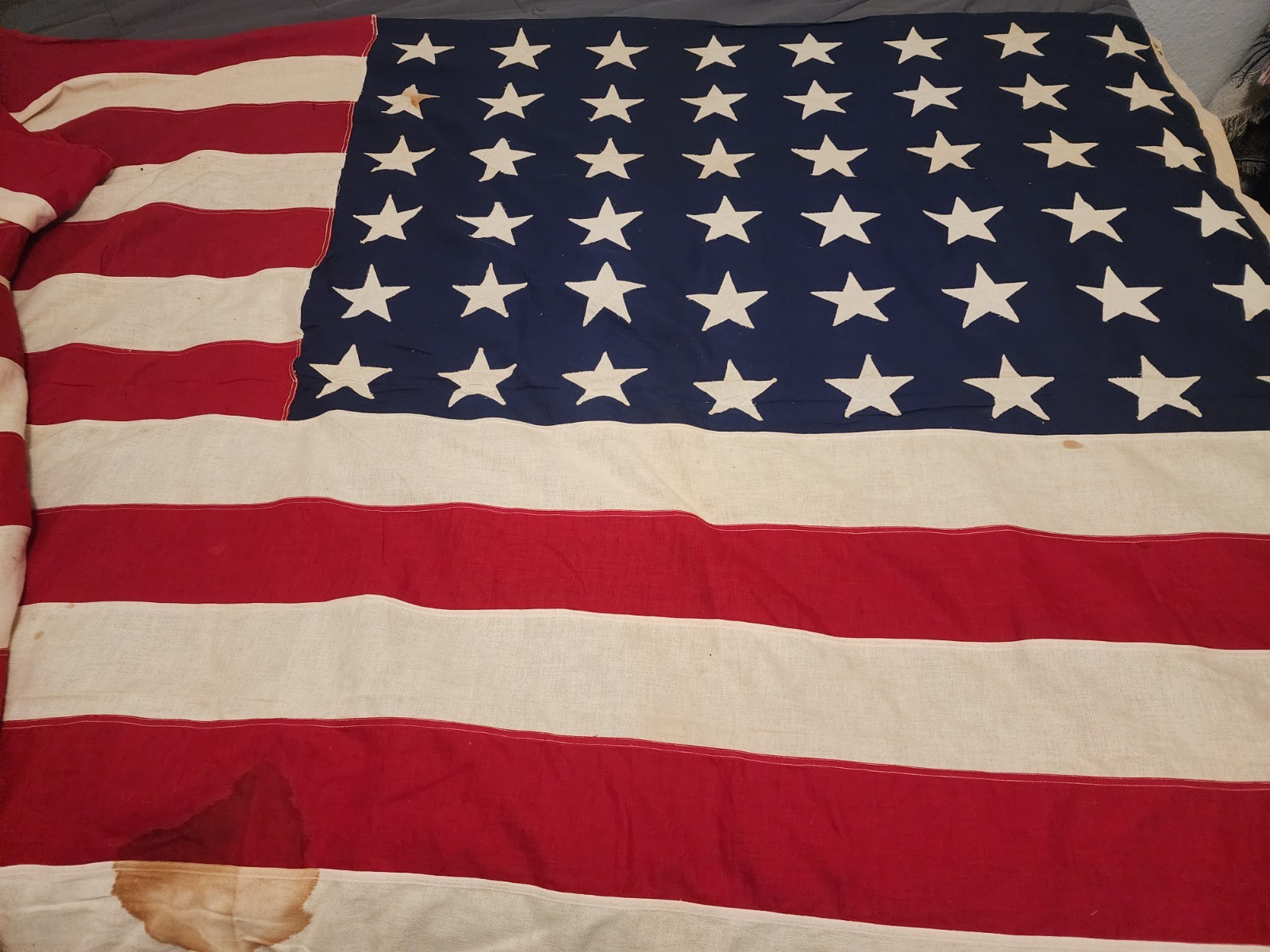 VINTAGE WWI/WWII 48 Star Annin & Co Wool US Flag Sewn Stars 5x9.5 Burial Casket