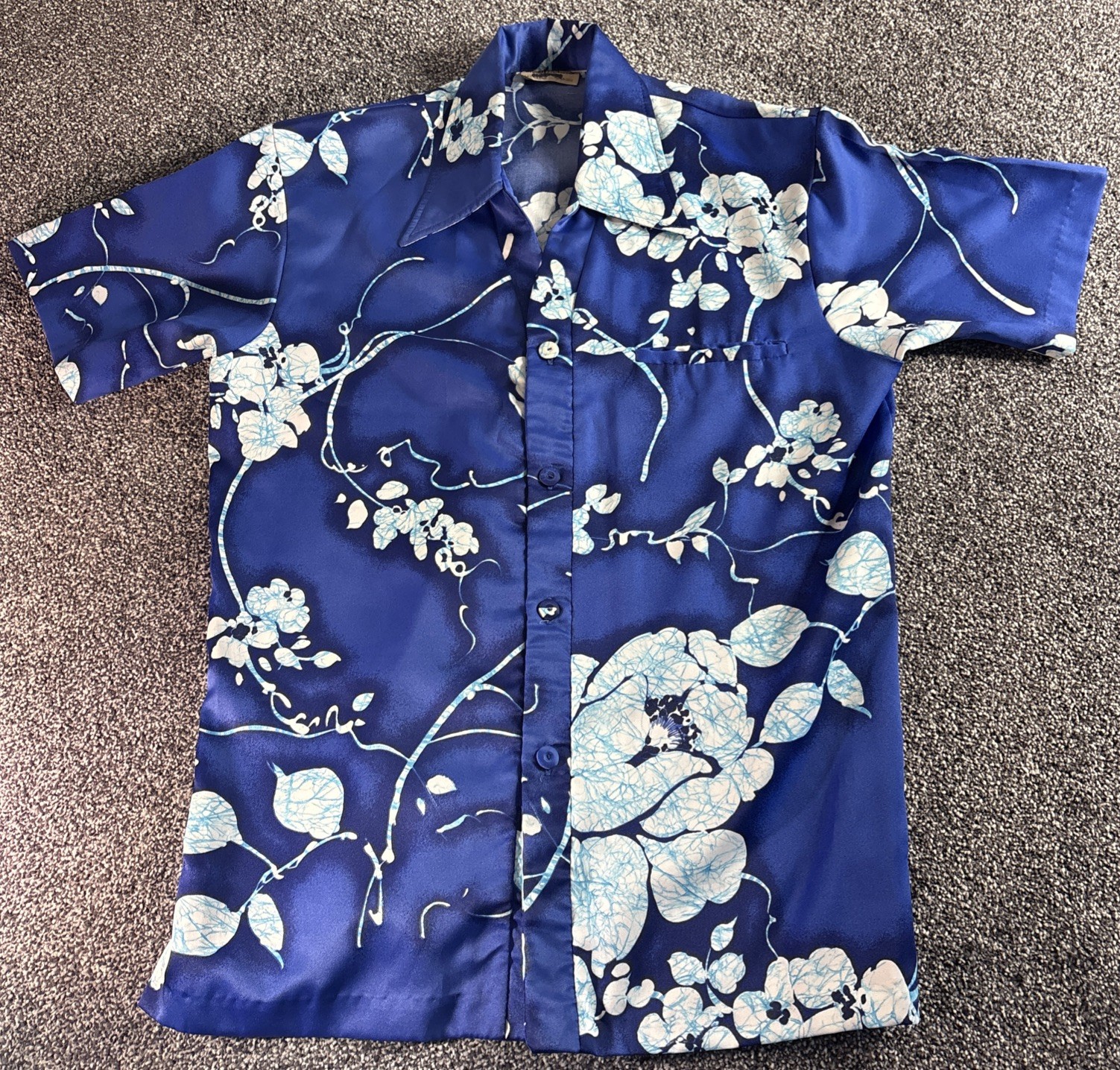 VTG 70s Arnold Christensen Hawaiian Shirt Size L Collar Blue Batik Floral Rayon VTG 70s Arnold Christensen Hawaiian Shirt Size L Collar Blue Batik Floral Rayon