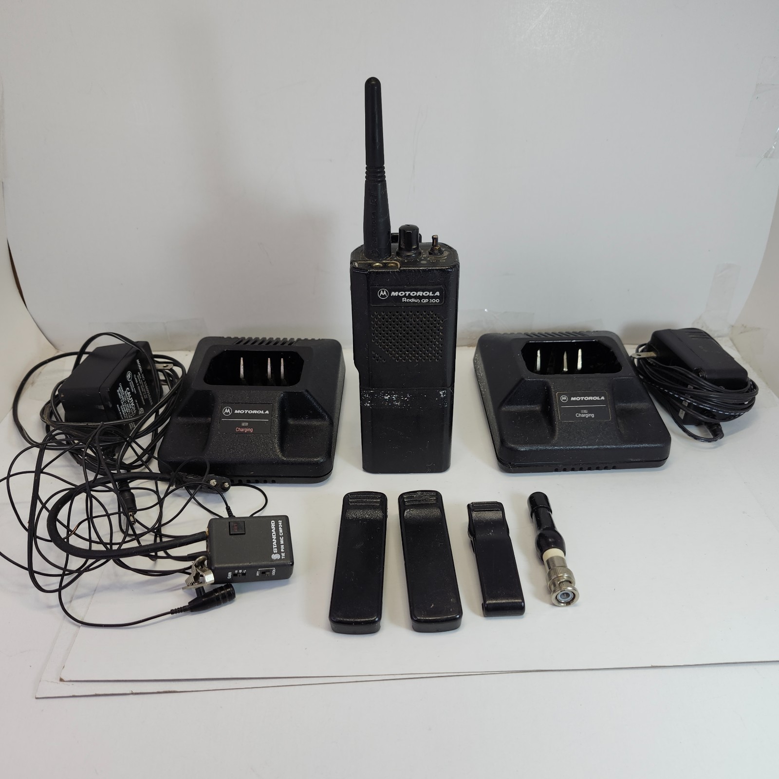 Vintage Motorola Walkie Talkie Lot With Chargers, Antenna, Mic, & Clips Working