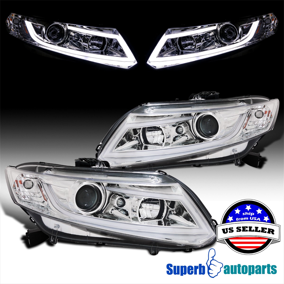 Fits 2012-2015 Honda 12-15 Civic 2 4Dr Projector Headlights New LED Strip Lights