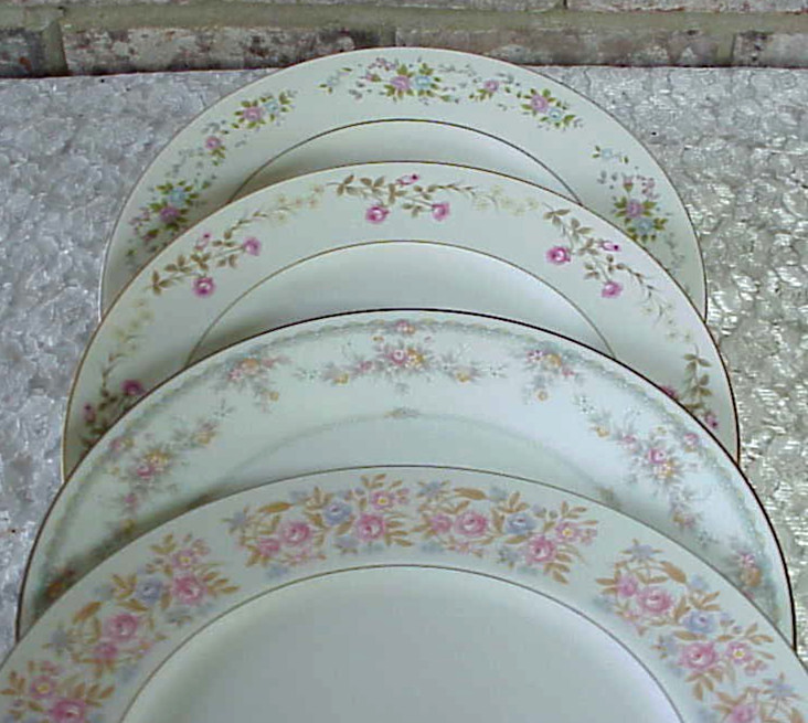 Vintage Mismatched China Dinner Plates (4)Floral Silver Gold Bands Marked Vintage Mismatched China Dinner Plates (4)Floral Silver Gold Bands Marked