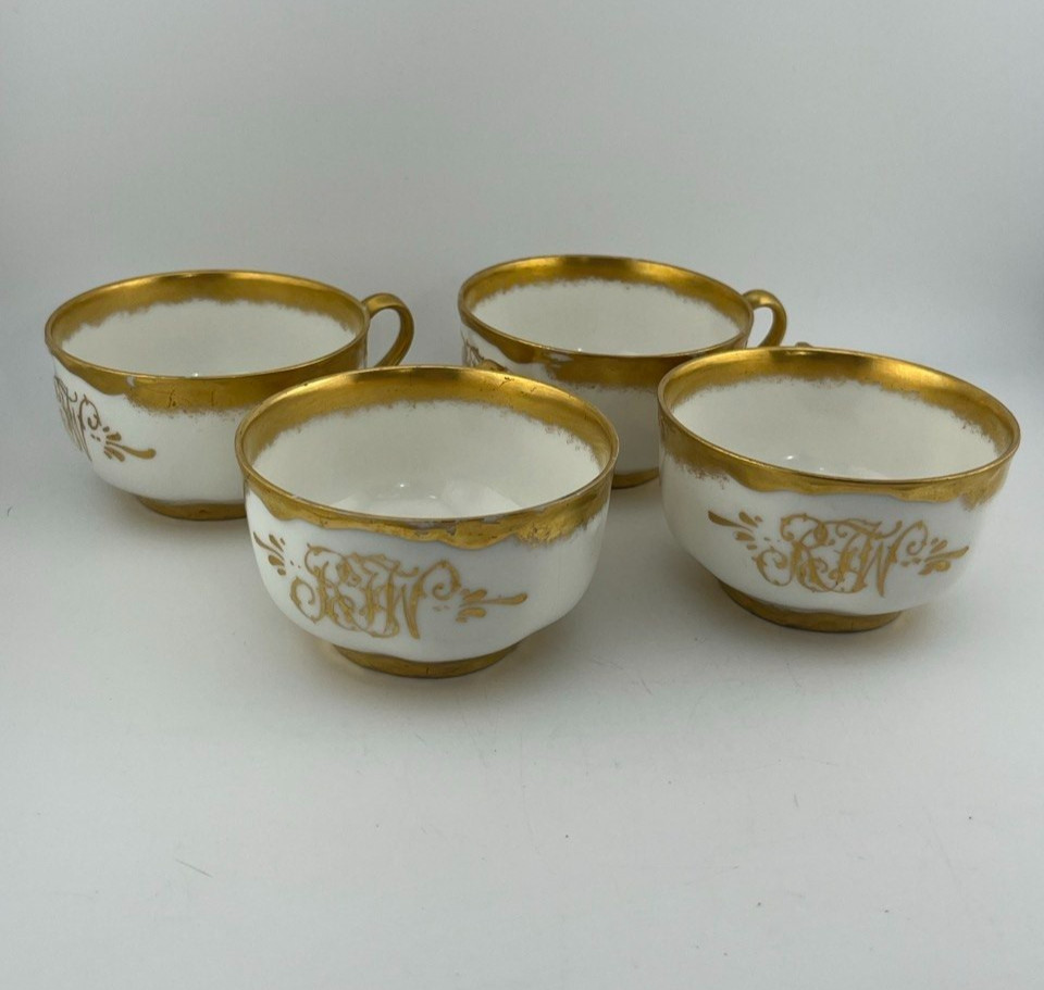 Antique Theodore Haviland France Teacups Set 4 Gold Monogram Gilt Limoges Porcel