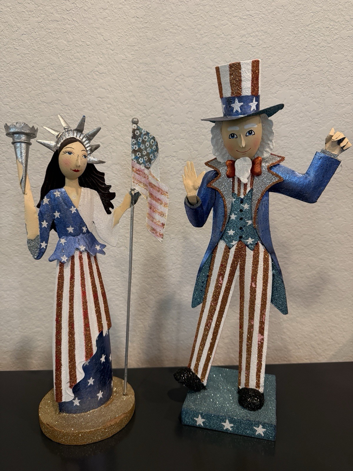 Vintage Pier 1 Imports Whimsical Patriotic Figurine Set Lady Liberty Uncle Sam