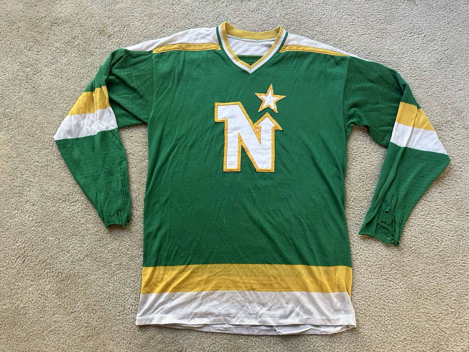 Vintage 60s 70s Minnesota North Stars NHL Hockey Jersey Green Stitched Knit