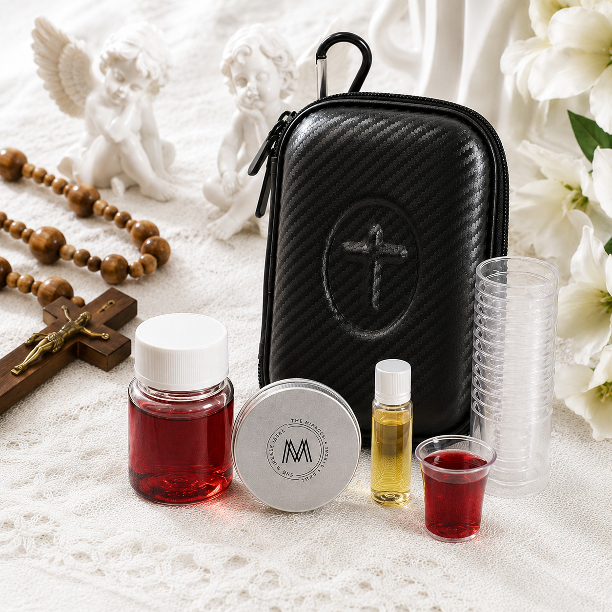 Portable Hard Case Communion Set – with Wine Bottle, Oil Vial, Cups & Host Tin