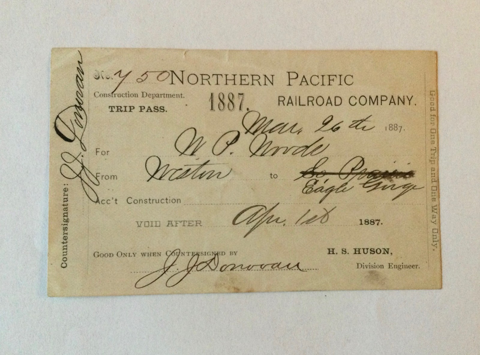 1887 Northern Pacific Railroad Railway Trip Pass Weston Eagle Gorge Washington