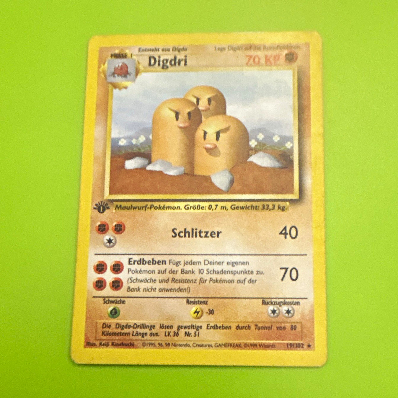 Wizards of the Coast Pokémon TCG Base Set Digdri 19/102 Rare German 1999 1st ed. Wizards of the Coast Pokémon TCG Base Set Digdri 19/102 Rare German 1999 1st ed.