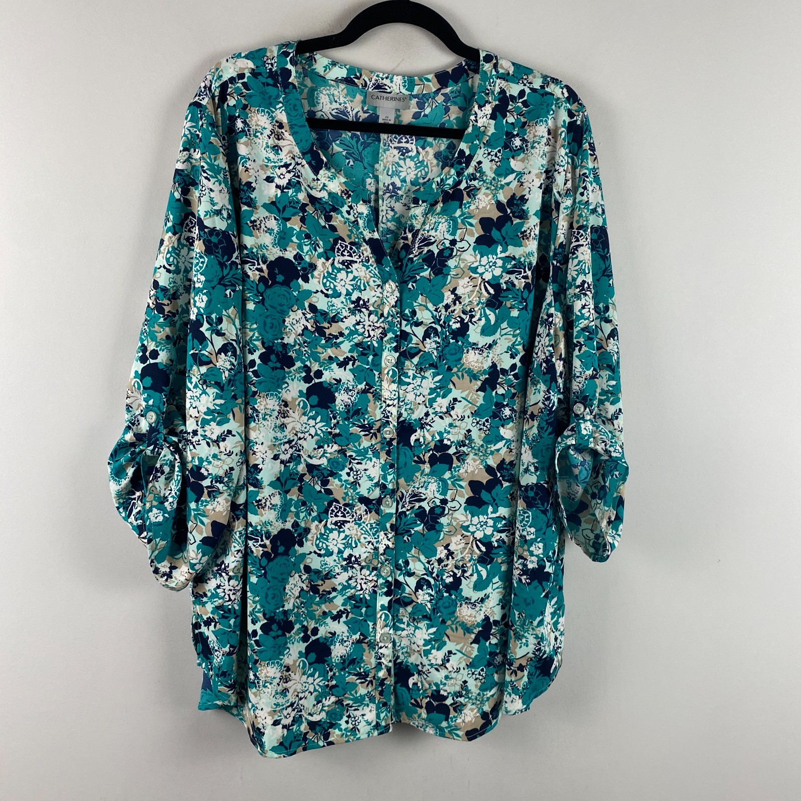 Catherines Button Front Tunic Shirt Size 2X Multicolor Floral 3/4 Roll Tab Slv
