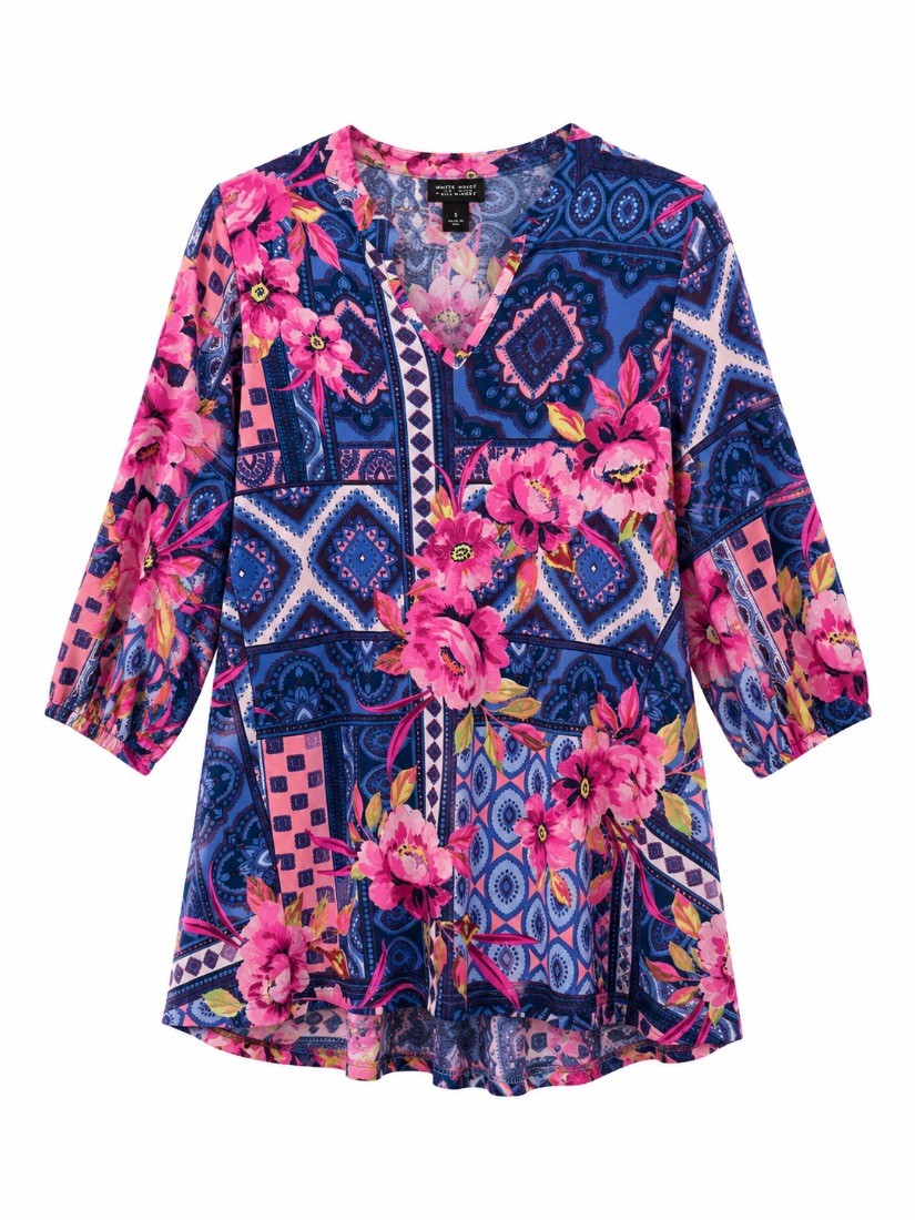 Lildy Womens Printed Bishop Sleeve Tunic Top Blue Pink Floral Paisley S-M