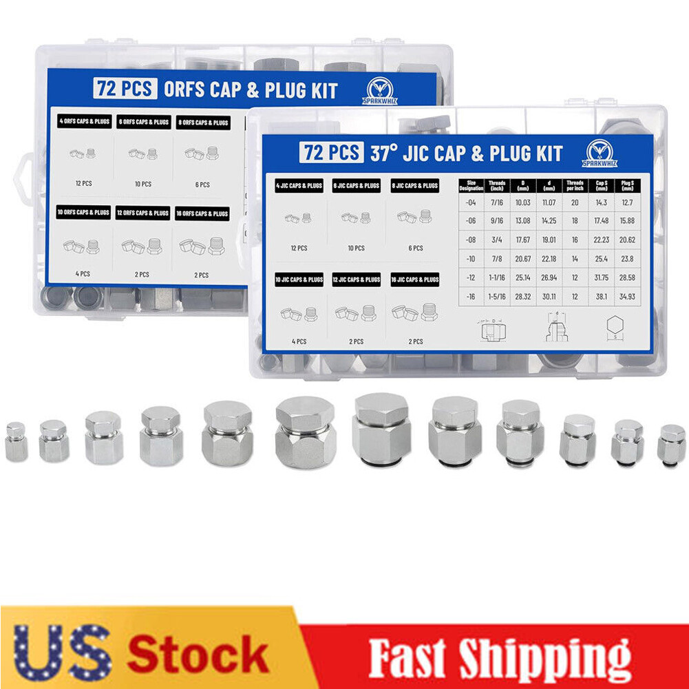 144PCS Hydraulic JIC 37 Degree and ORFS Flat Face Cap and Plug Assortment Kit, S