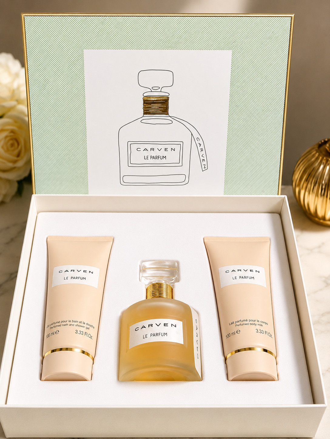 CARVEN LE PARFUM  Gift Set 3.4 Oz 100 ml EDP Spray Perfumed Body Milk & Show-Gel