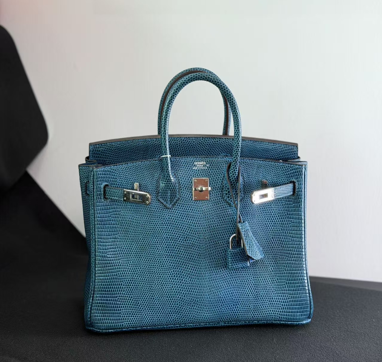 AUTH Hermès Birkin 25 70 Blue Petrole Lizard Leather PHW Top Handle Bag