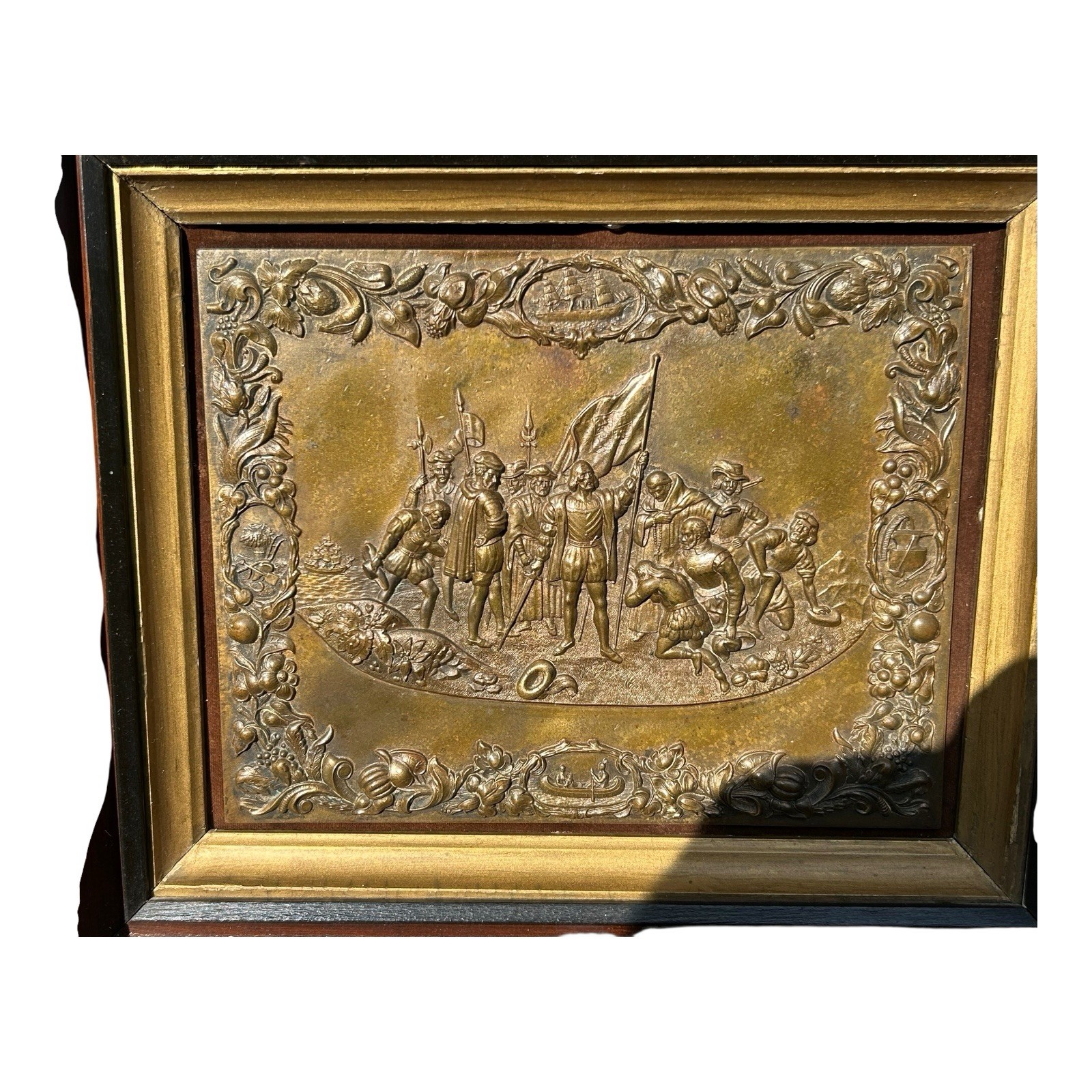 Antique Shadow Box Frame Brass Plague with Christopher Columbus Landing Antique Shadow Box Frame Brass Plague with Christopher Columbus Landing