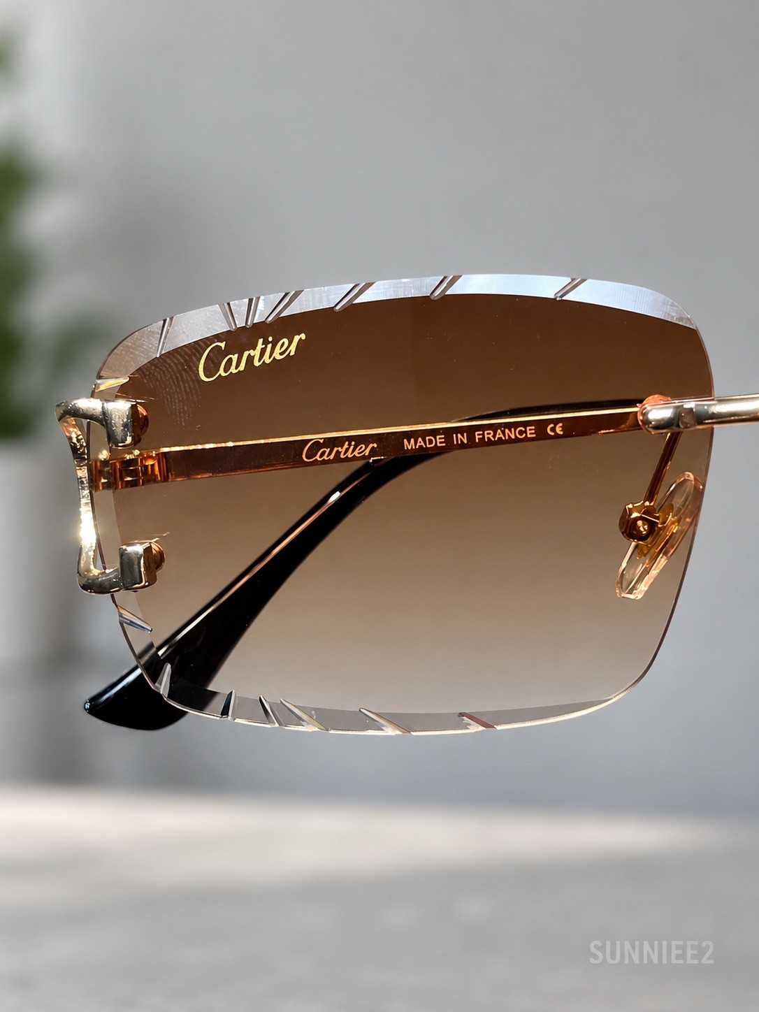 Cartier Big C Diamond Cut Brown Fade Rimless Glasses Gold Frame Designer Eyewear