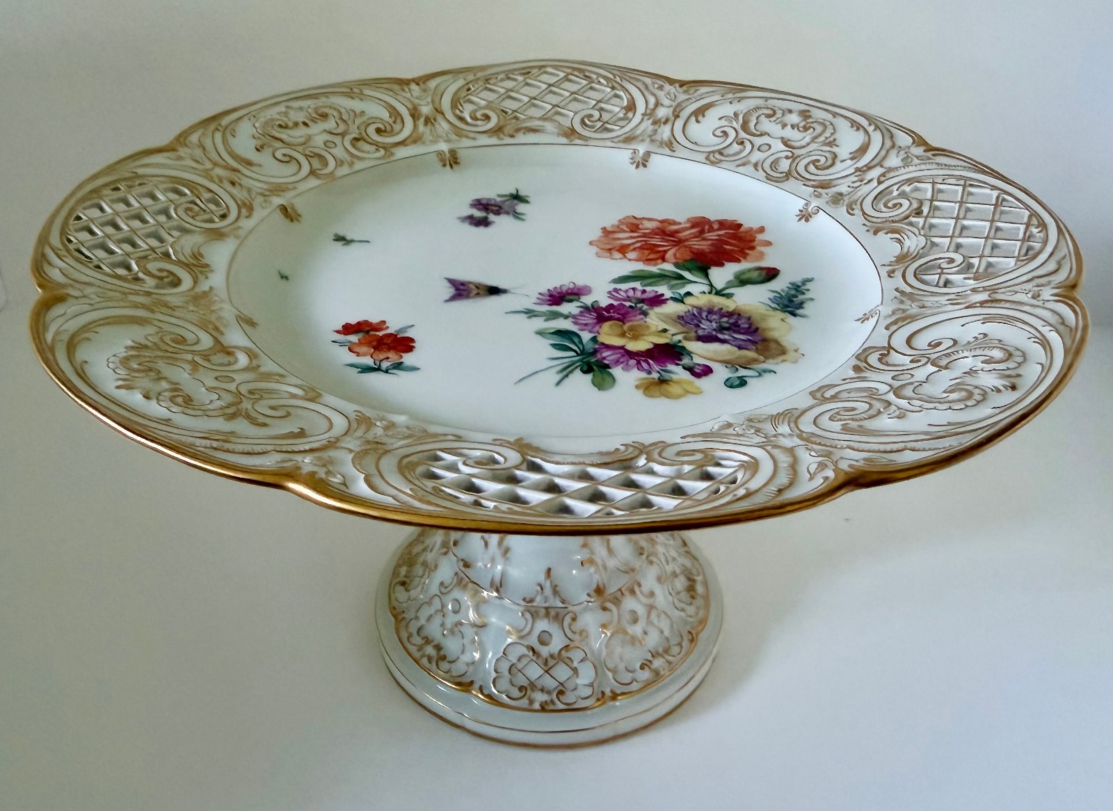 Antique 1915 KPM Berlin Rocaille Reticulated Compote Deutsche Blumen Porcelain