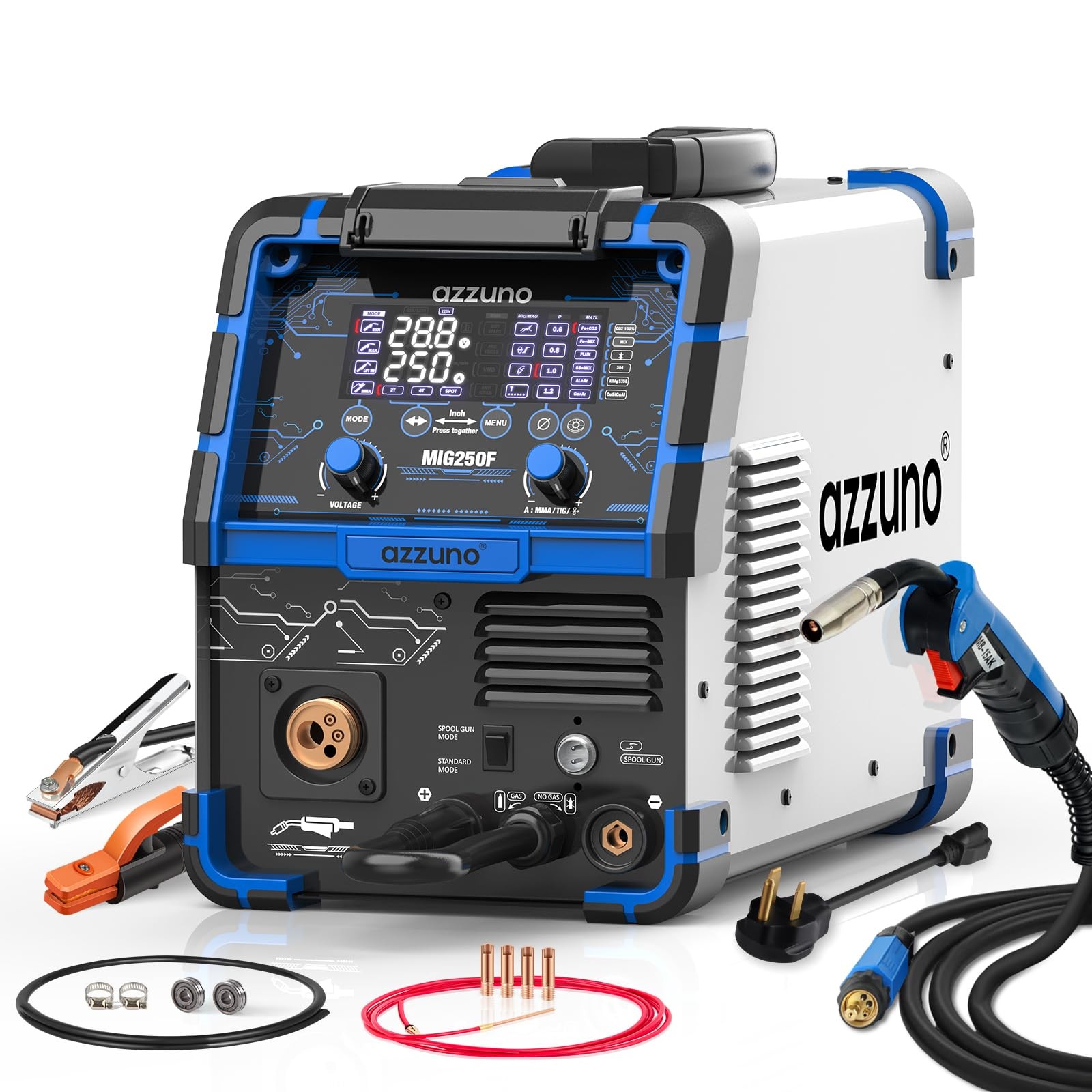 AZZUNO Aluminum 250Amp MIG Welder,6 in 1 Gas MIG/Gasless Flux Core/Stick/Lift AZZUNO Aluminum 250Amp MIG Welder,6 in 1 Gas MIG/Gasless Flux Core/Stick/Lift