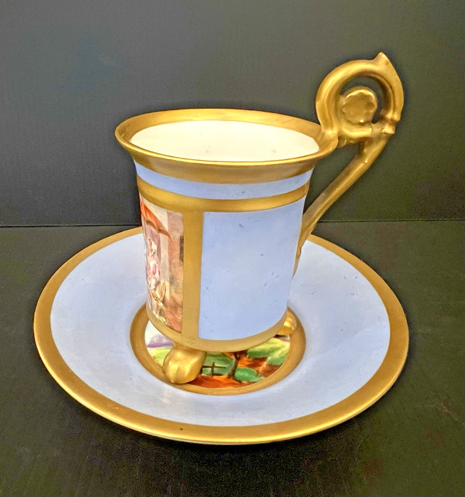 Antique  Hand Painted 19th Paris French Scenic Porcelain Cup & Saucer